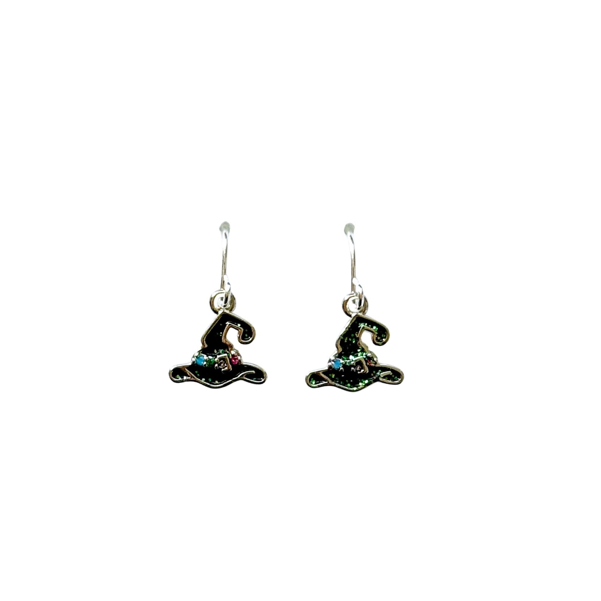 Black Glitter Witch Hat Earrings: CZ Dangles, Sterling Silver Option