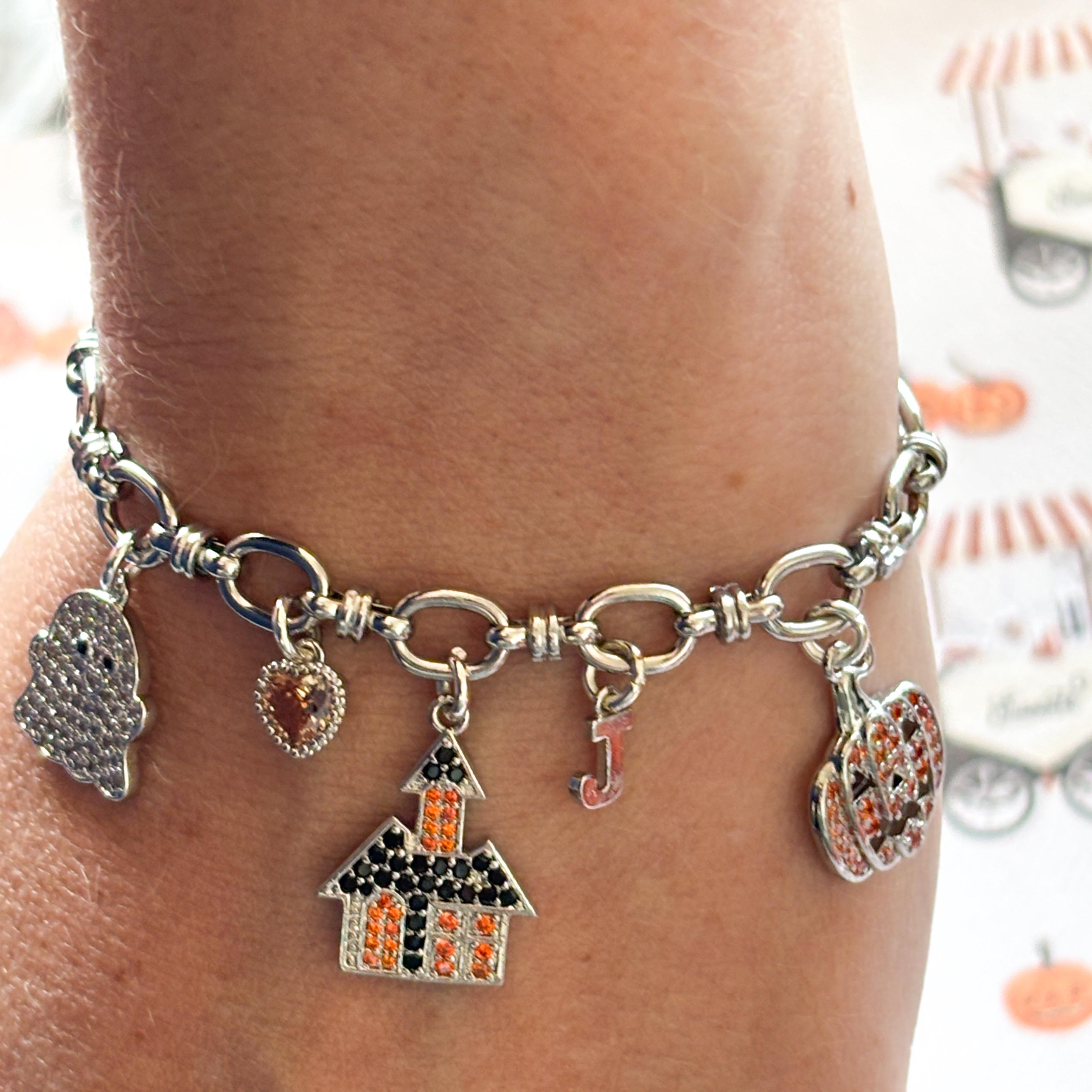 Halloween Charm Bracelet, Ghost Haunted House Pumpkin, Birthstone & Initial, Spooky Personalised Gift, Witchy Jewellery