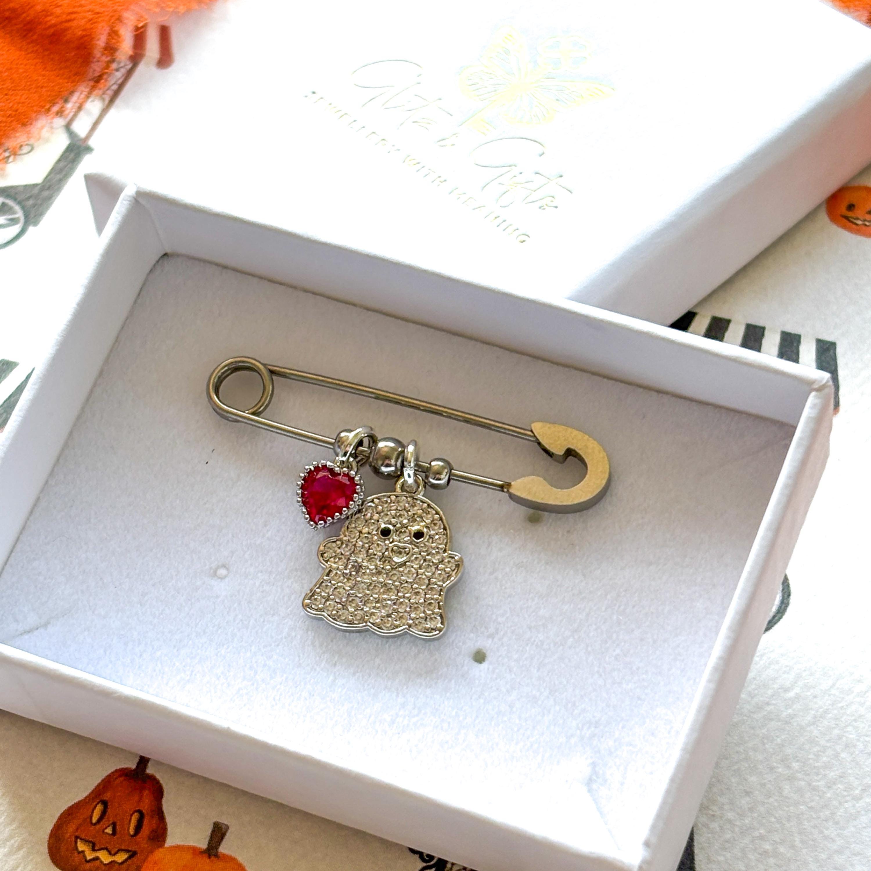 Personalised Ghost Brooch: Halloween Pin with Birthstone Charm