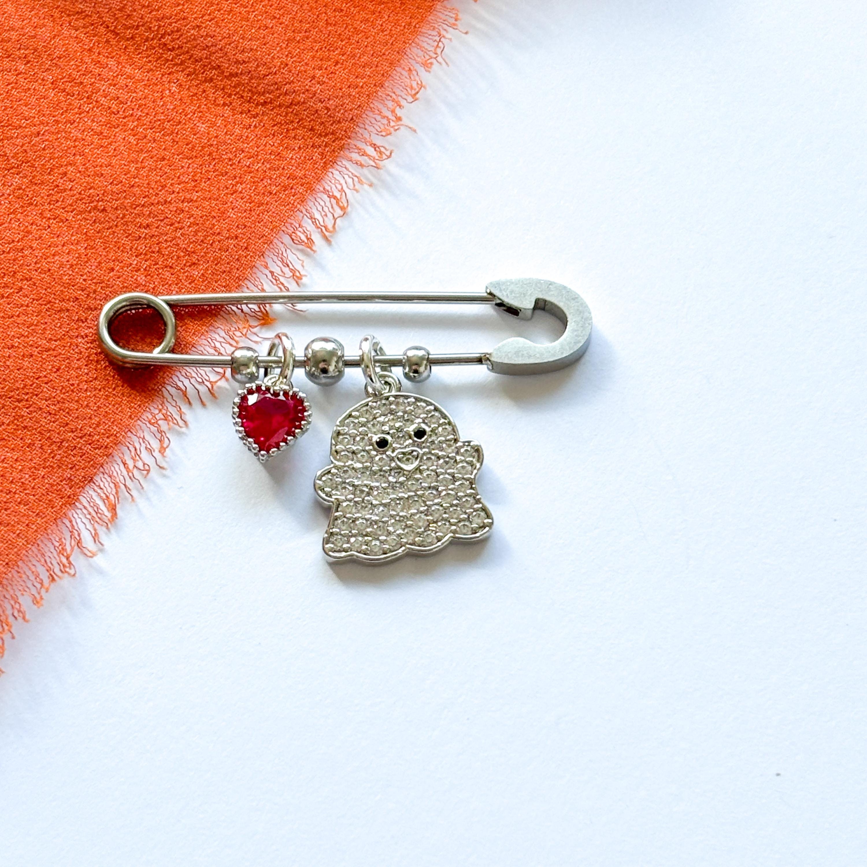 Personalised Ghost Brooch: Halloween Pin with Birthstone Charm