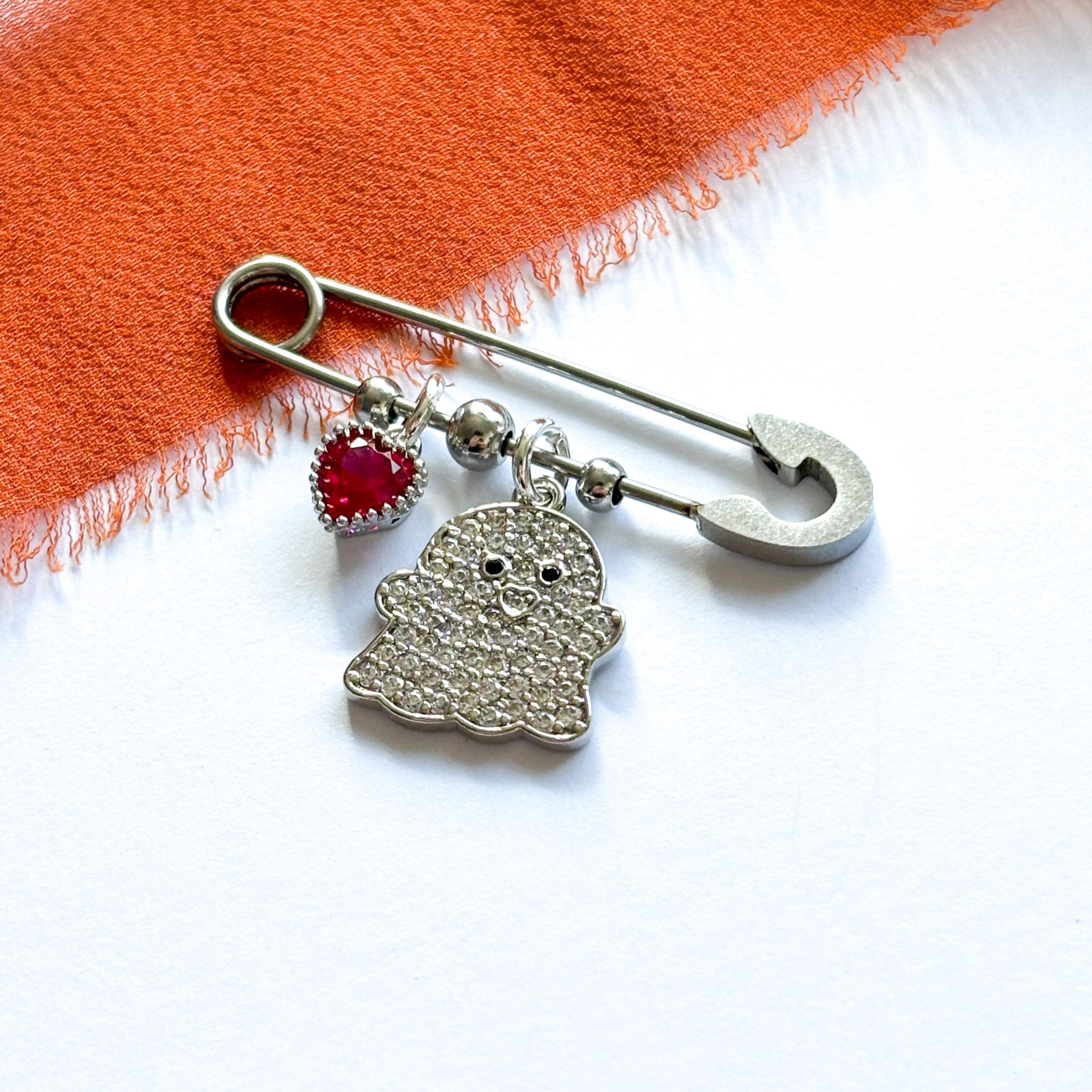 Ghost Brooch with Birthstone Charm, Personalised Halloween Pin, Spooky Gift for Her, Cute Ghost Badge, October Jewellery