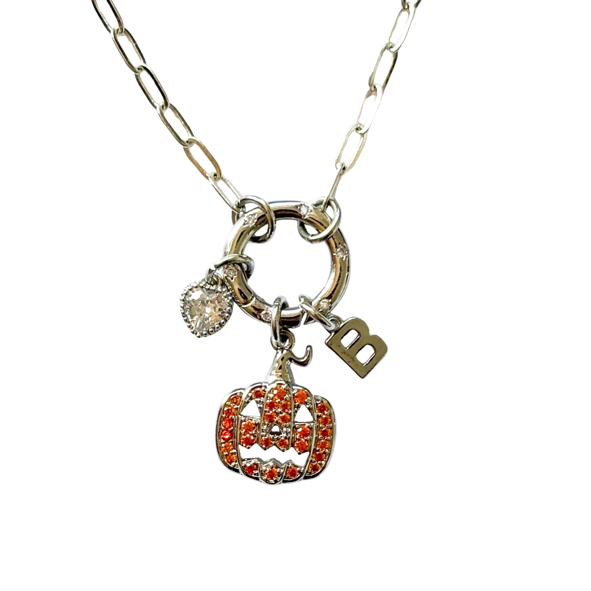 Pumpkin Charm Necklace with Birthstone & Initial, Halloween Personalised Jewellery, Paperclip Chain Necklace, Spooky Gift for Her