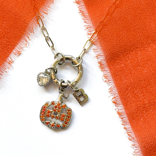Personalised Pumpkin Necklace: Birthstone Initial, Paperclip Chain