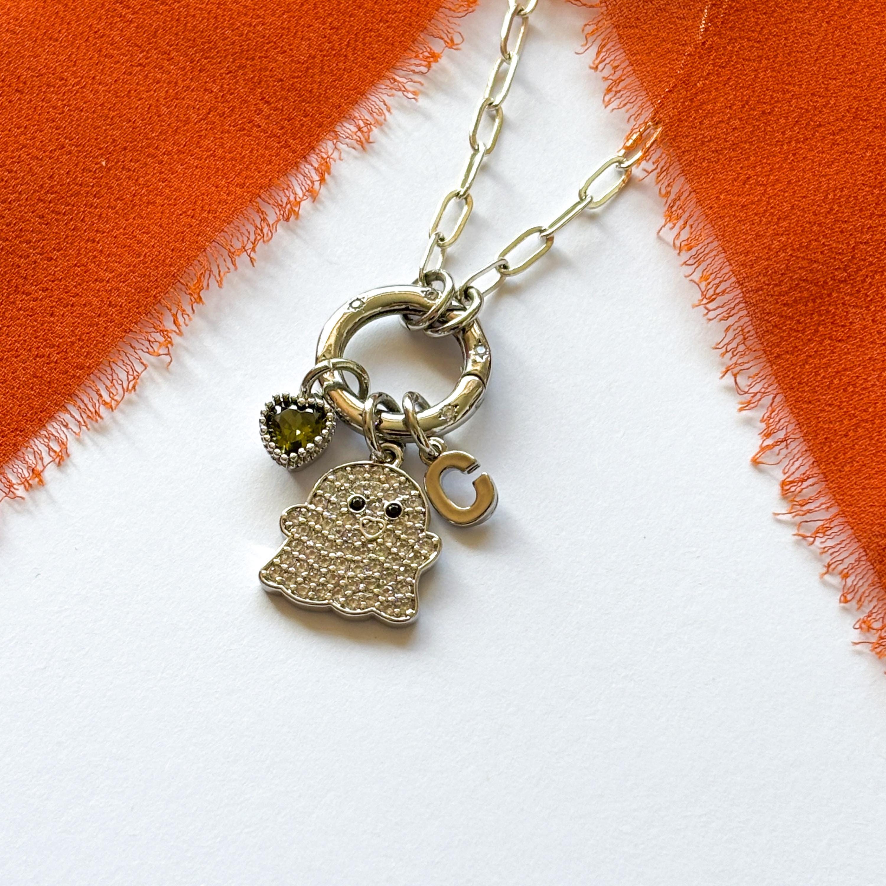 Ghost Charm Necklace with Birthstone & Initial, Personalised Halloween Jewellery, CZ Spring Clasp, Paperclip Chain Gift for Her