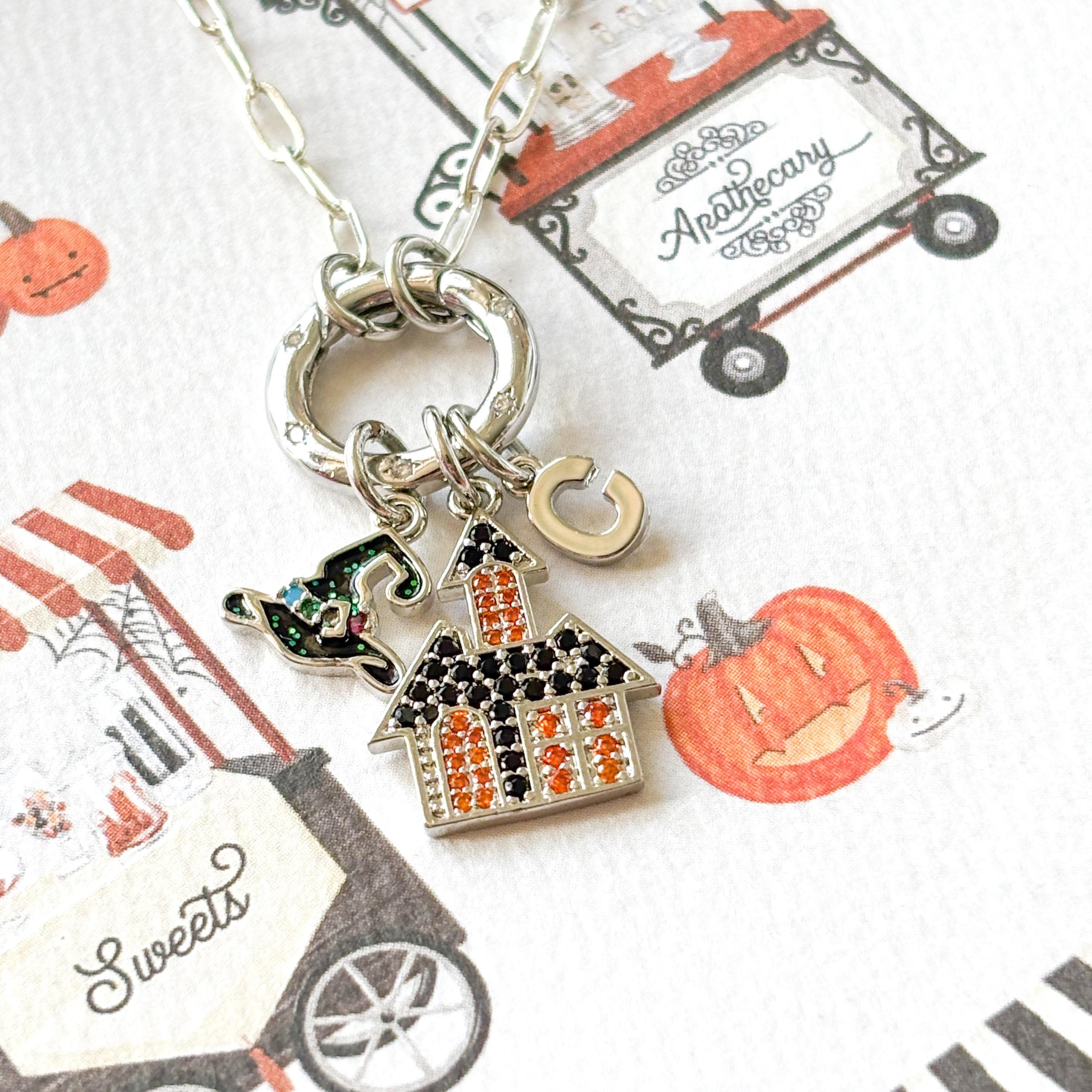Haunted House Charm Necklace: Witch Hat, Initial, CZ Clasp - Halloween Jewellery