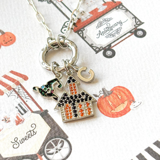 Haunted House Charm Necklace: Witch Hat, Initial, CZ Clasp - Halloween Jewellery
