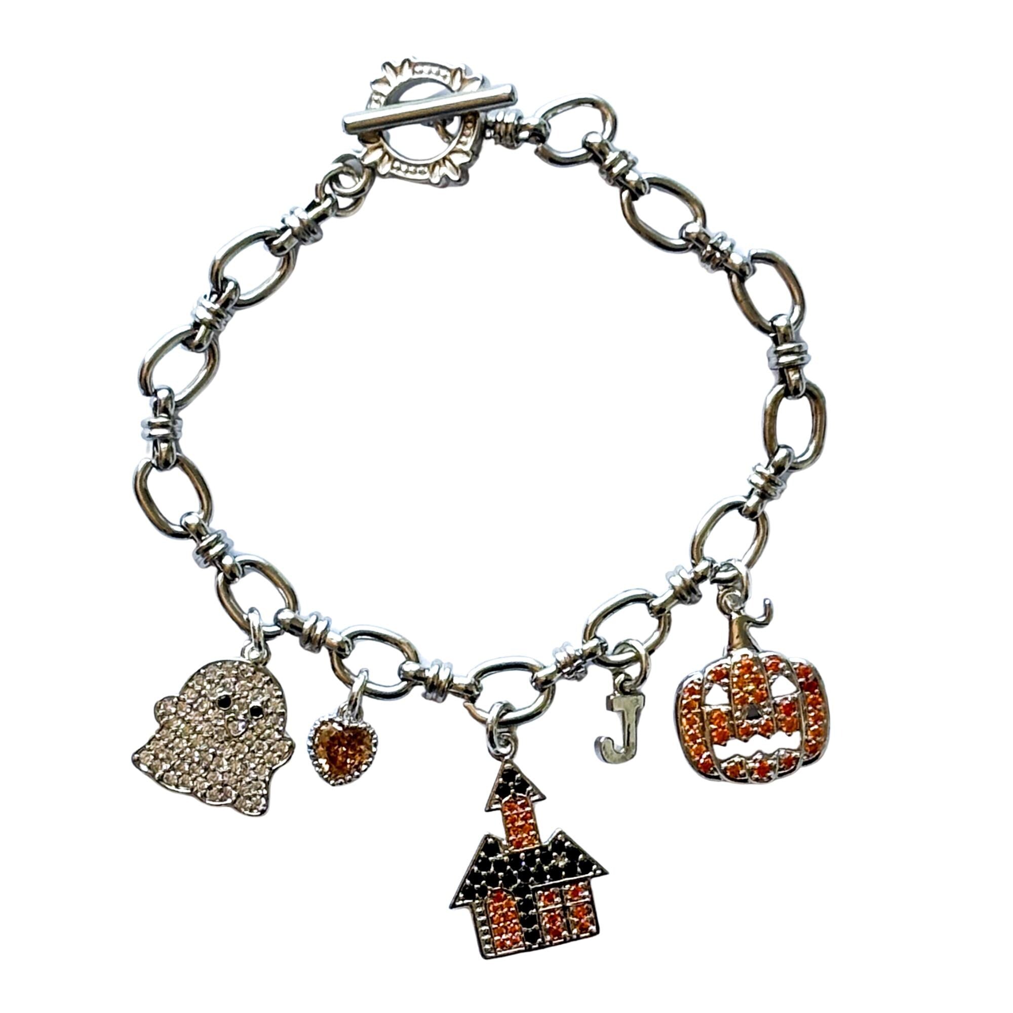 Halloween Charm Bracelet, Ghost Haunted House Pumpkin, Birthstone & Initial, Spooky Personalised Gift, Witchy Jewellery