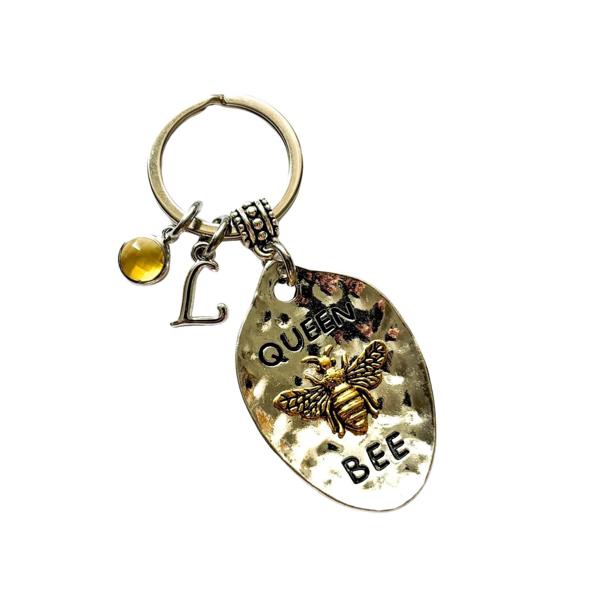 Queen Bee Charm Keyring with Birthstone & Initial, Personalised Bee Keyring Gift
