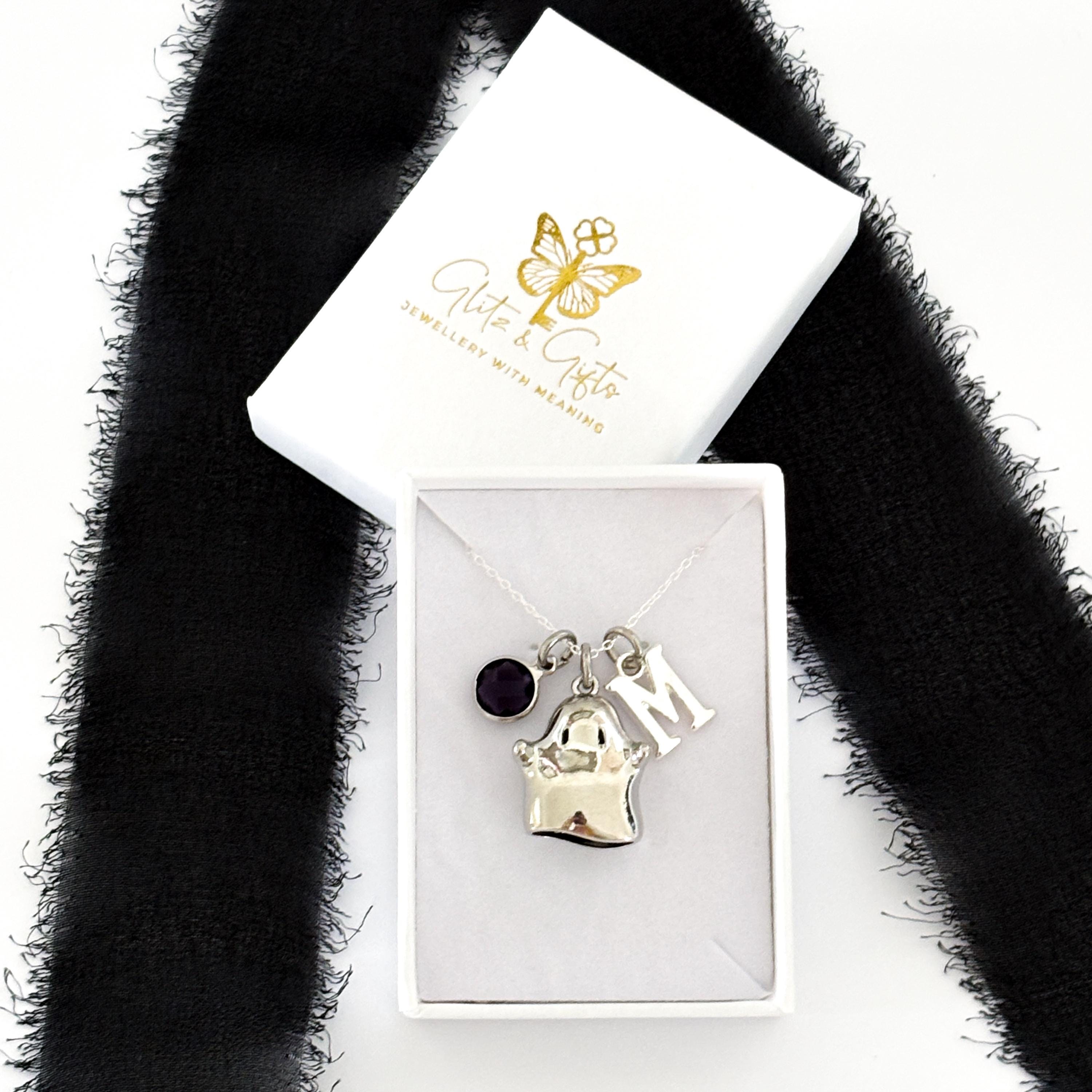 Personalised Halloween Ghost Necklace with Birthstone & Initial – Custom Spooky Pendant