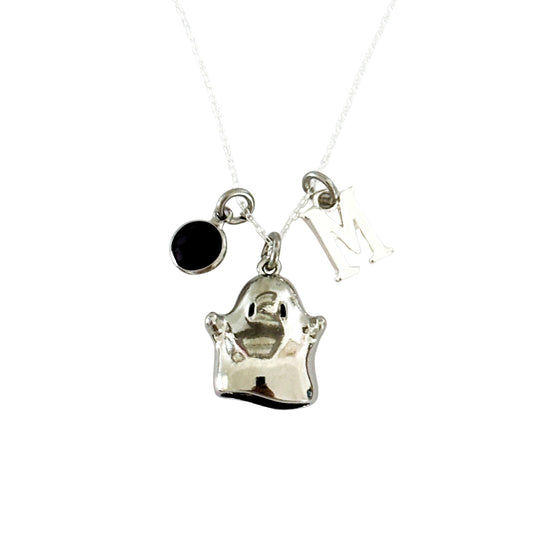 Personalised Halloween Ghost Necklace with Birthstone & Initial – Custom Spooky Pendant