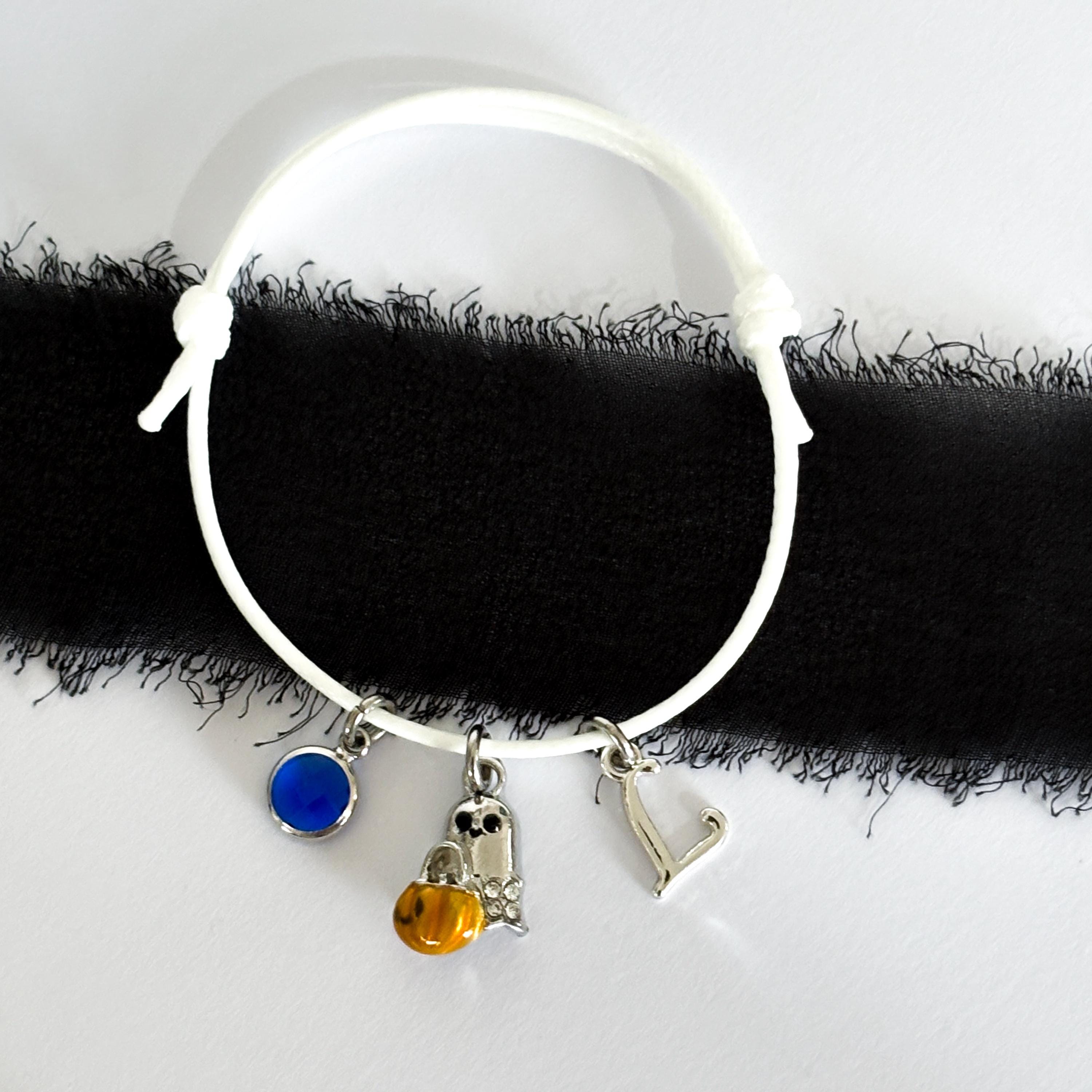 Ghost Charm Cord Bracelet: Halloween Pumpkin Bag, Personalised Initial