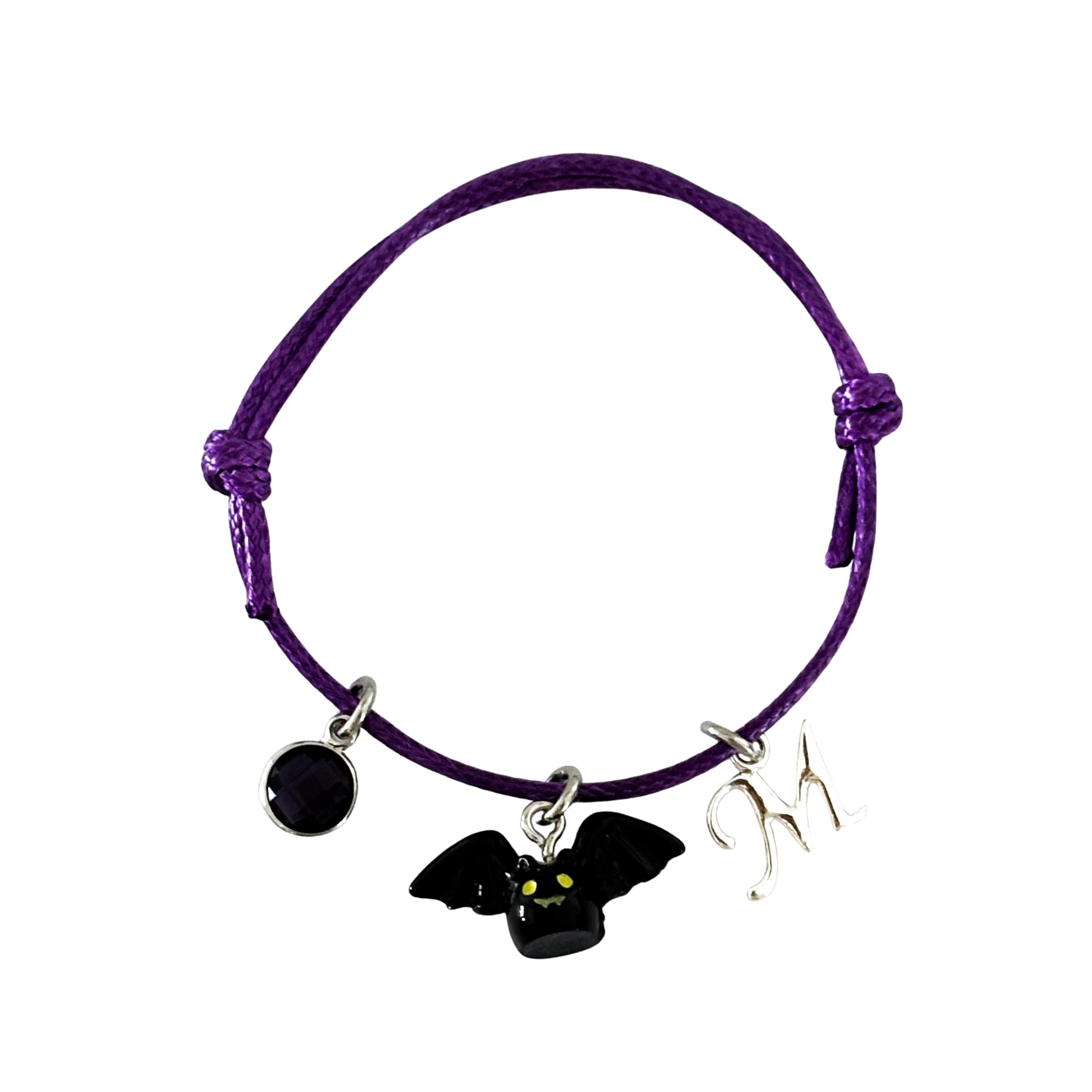 Personalised Halloween Bat Cord Bracelet with Birthstone & Initial, Custom Spooky Jewellery Gift