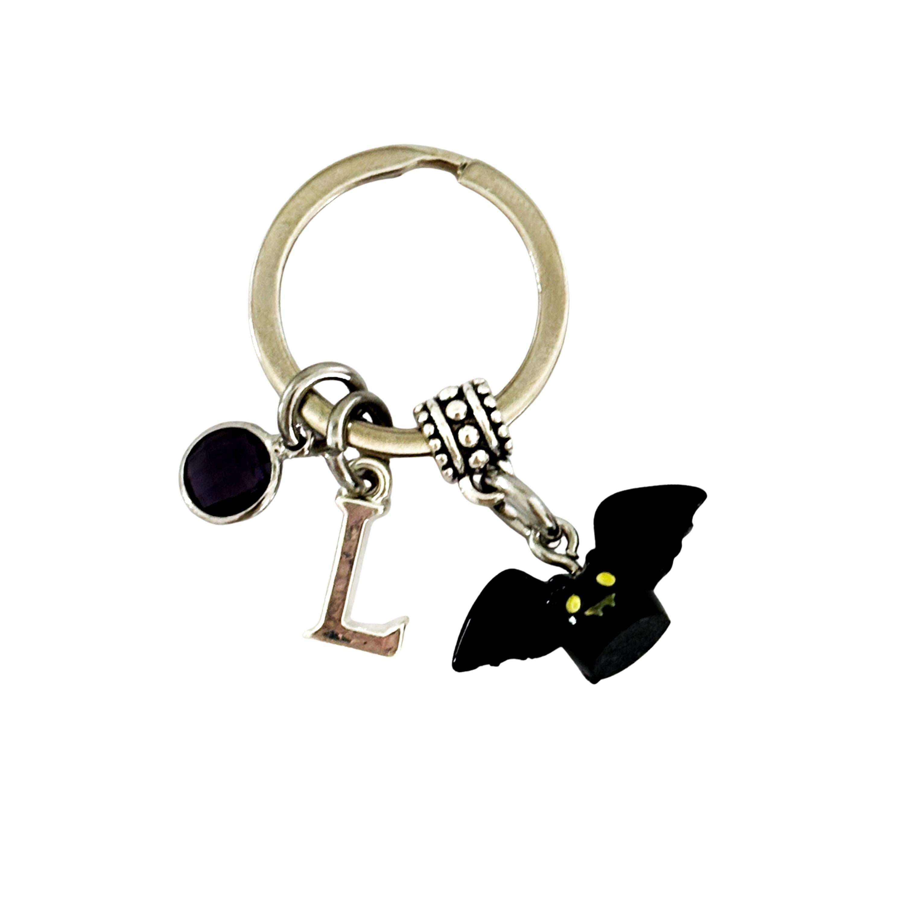 Personalised Halloween Bat Keyring with Birthstone & Initial – Custom Spooky Gift