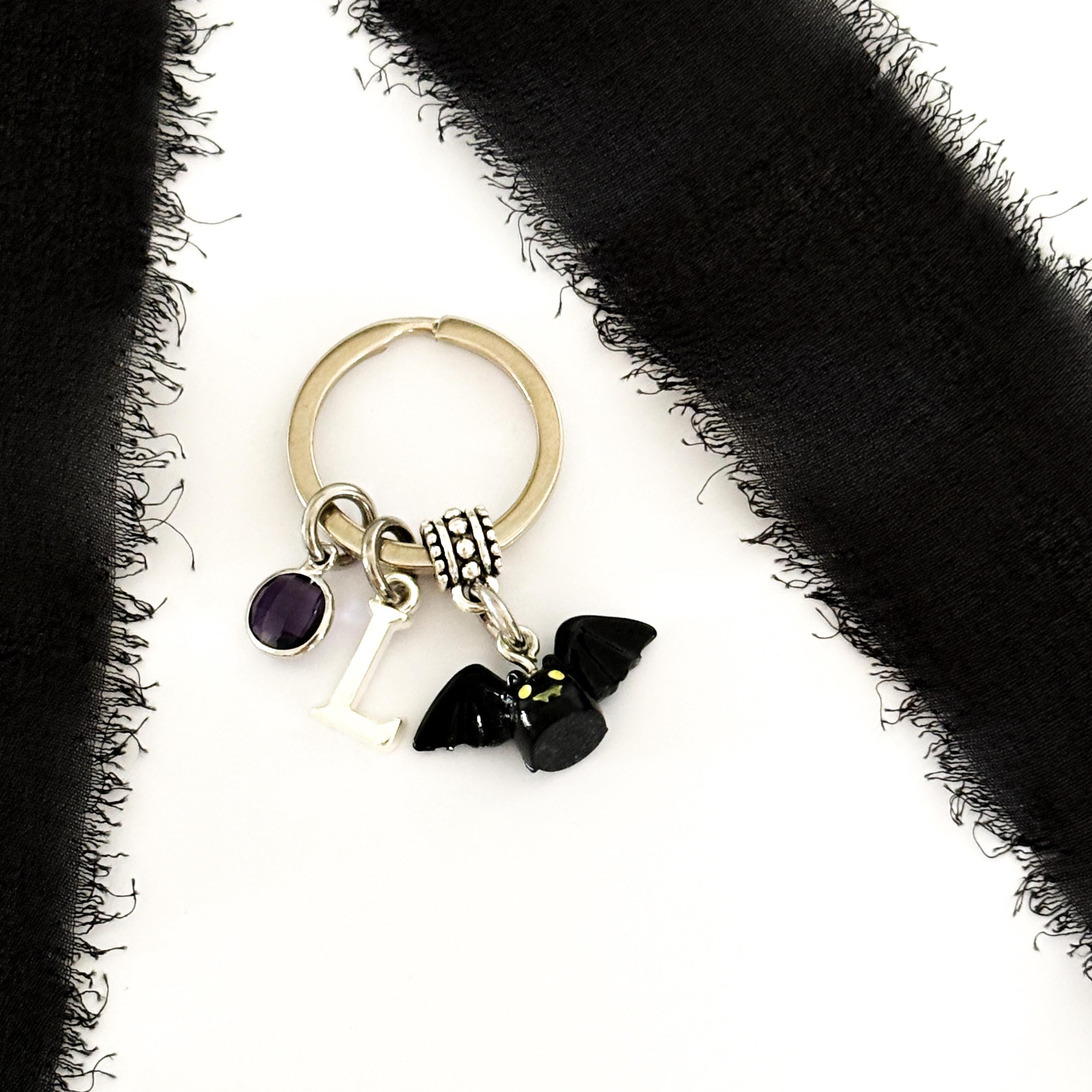 Personalised Halloween Bat Keyring with Birthstone & Initial – Custom Spooky Gift