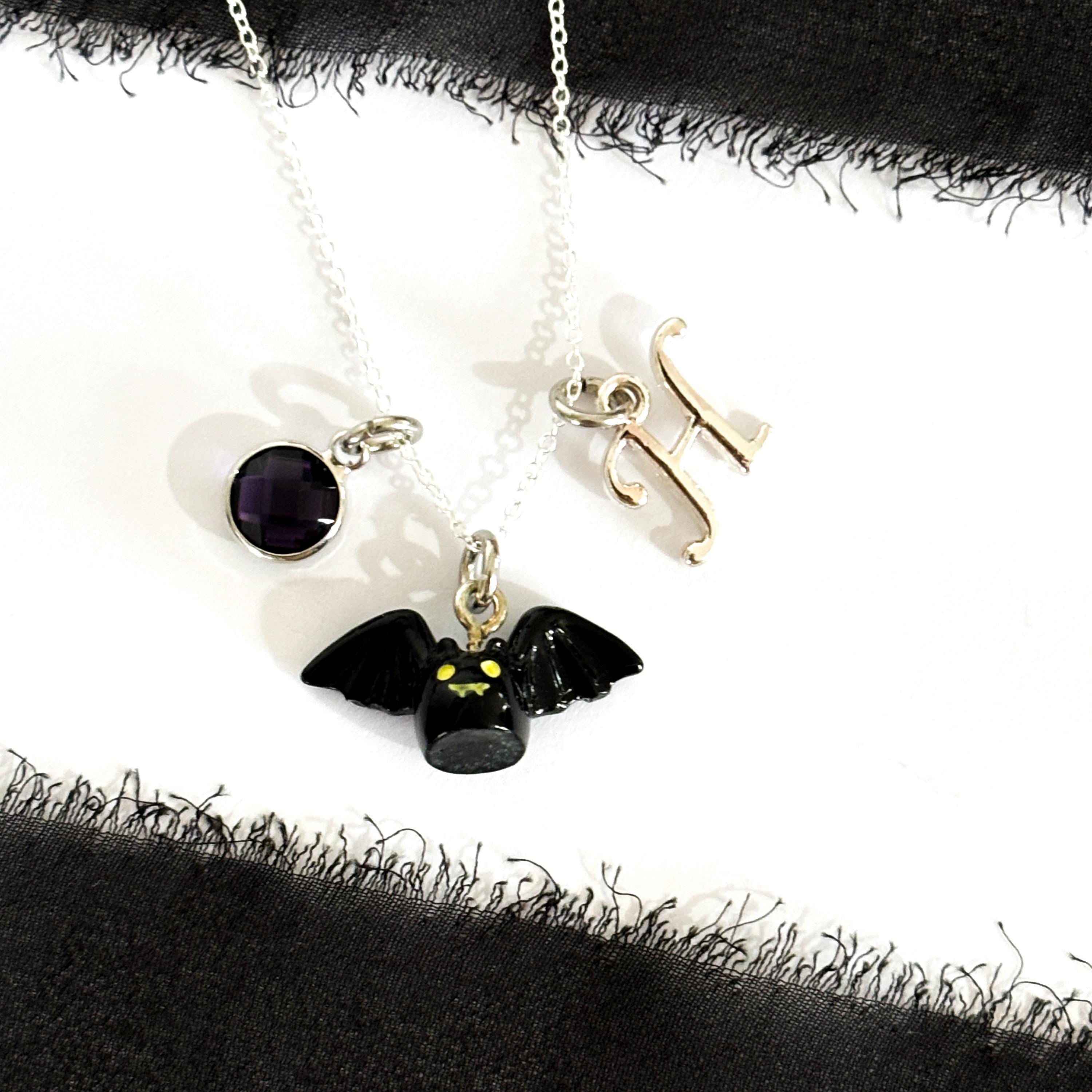 Personalised Halloween Bat Necklace with Birthstone & Initial – Custom Spooky Pendant