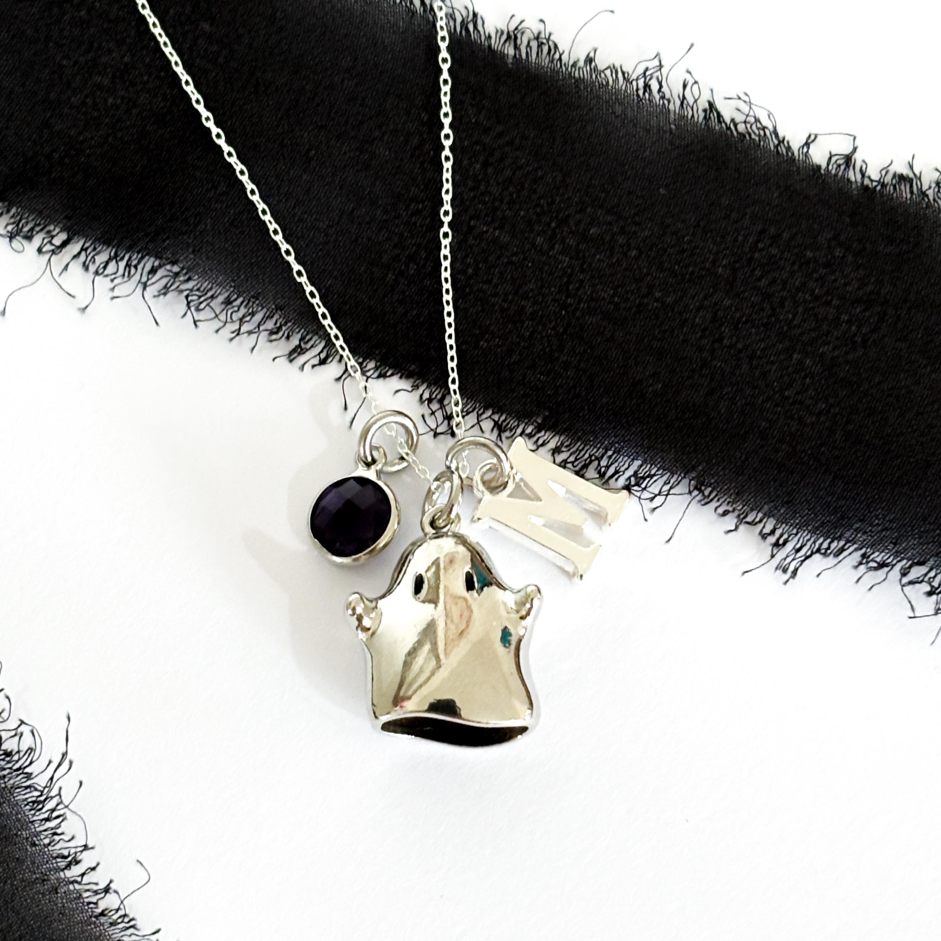 Personalised Halloween Ghost Necklace with Birthstone & Initial – Custom Spooky Pendant