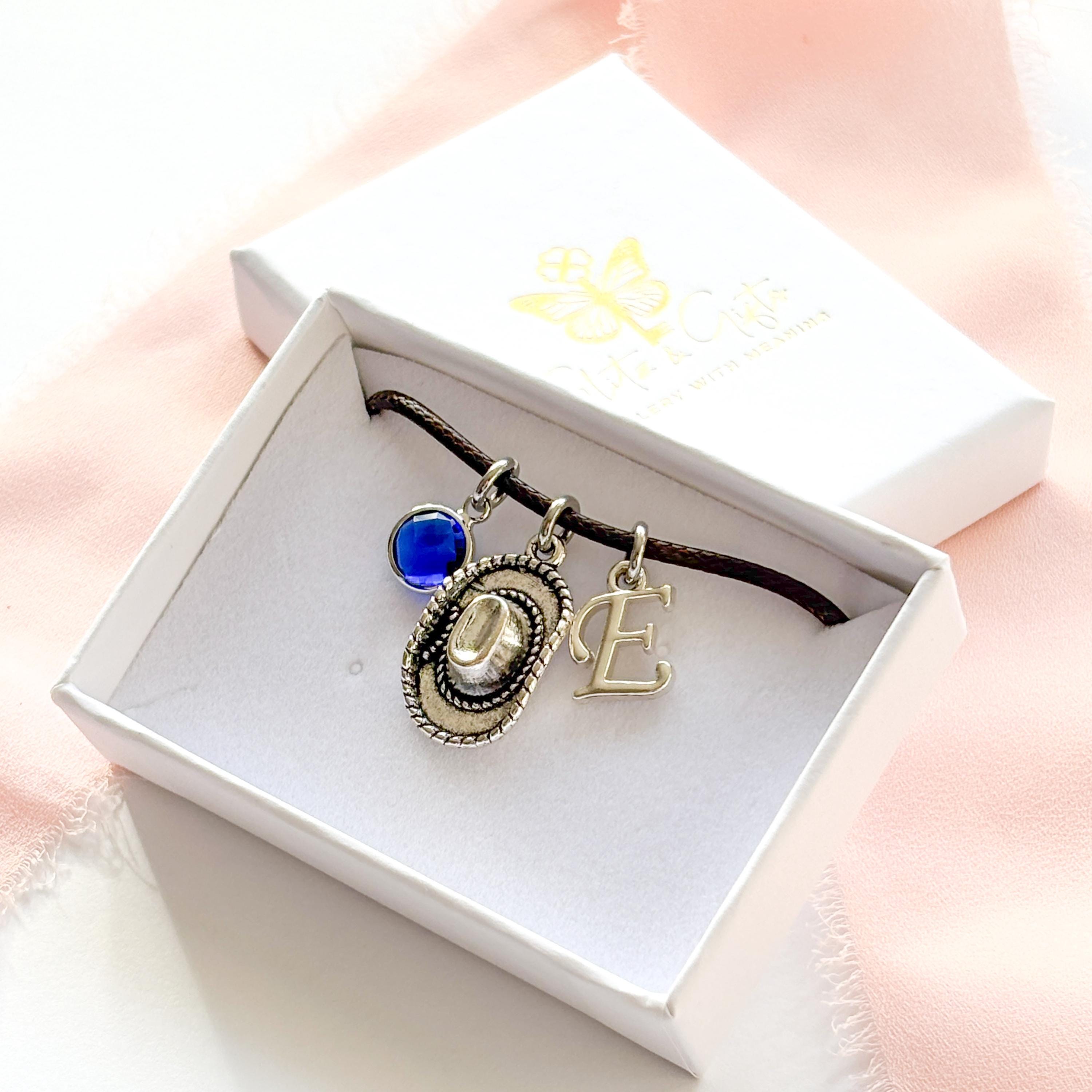 Cowboy Hat Bracelet – Personalised Waxed Cord Jewellery with Birthstone & Letter, Cowgirl Gift