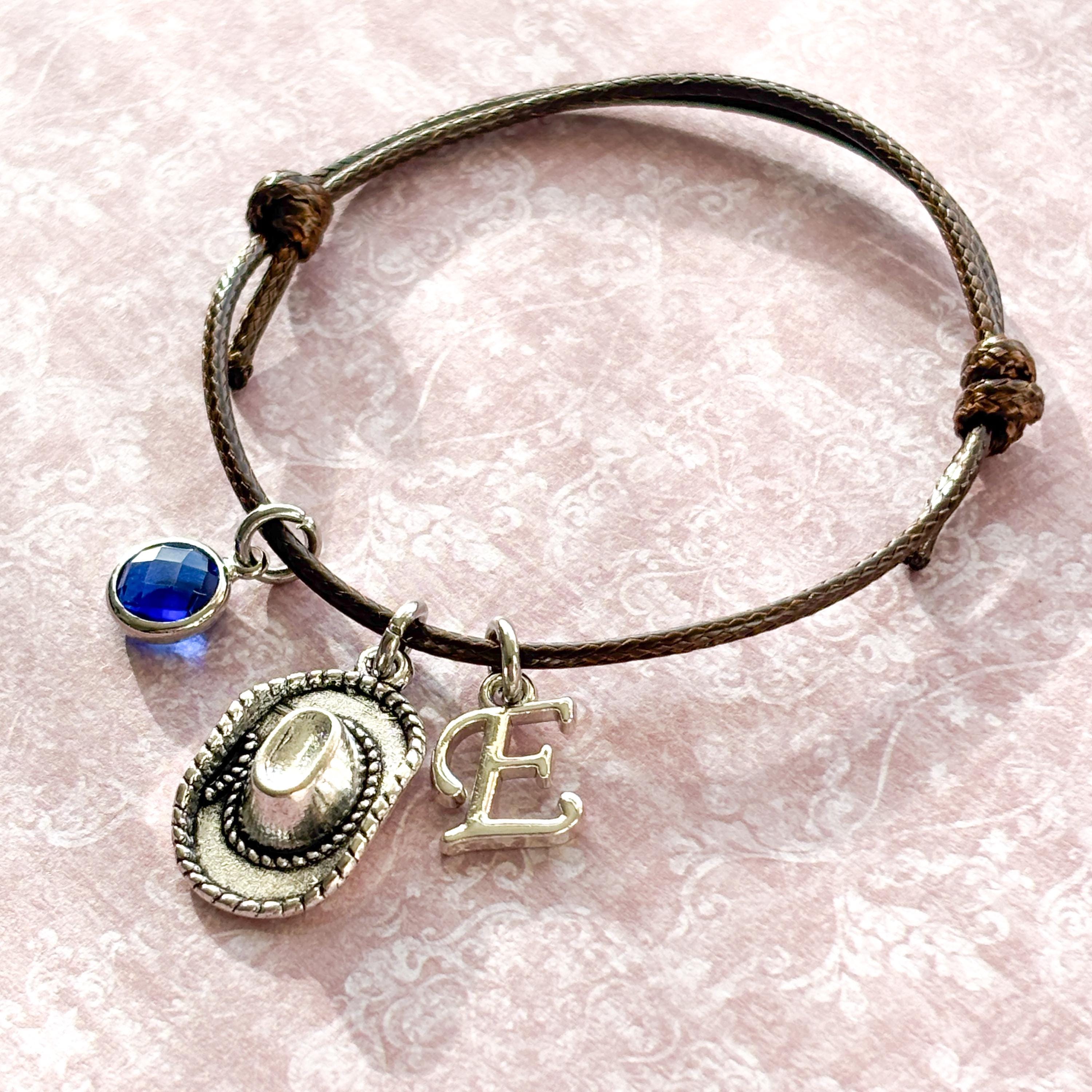 Cowboy Hat Bracelet – Personalised Waxed Cord Jewellery with Birthstone & Letter, Cowgirl Gift