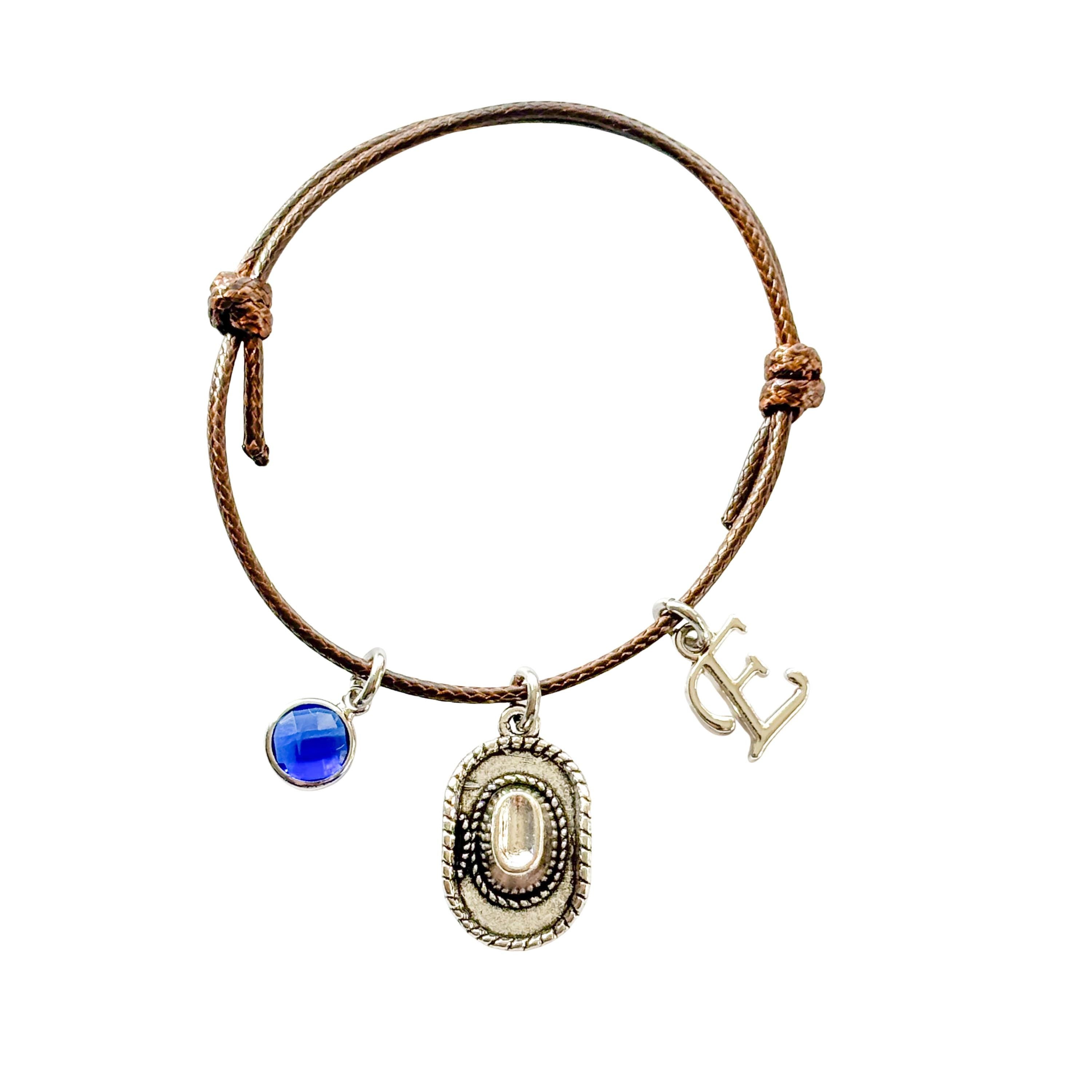 Cowboy Hat Bracelet – Personalised Waxed Cord Jewellery with Birthstone & Letter, Cowgirl Gift