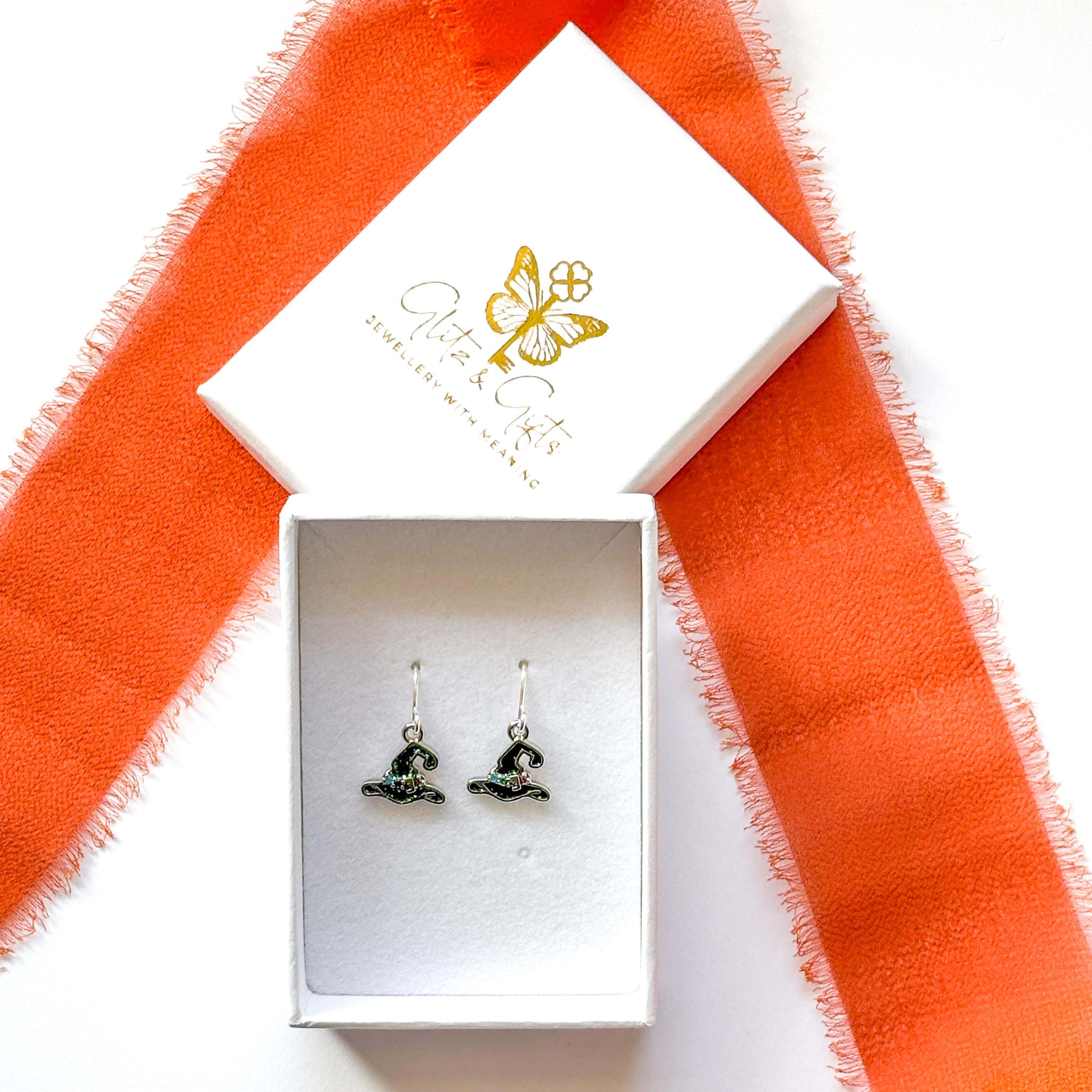 Black Witch Hat Earrings, Glitter Witch Hat Dangles with Multicolour CZ