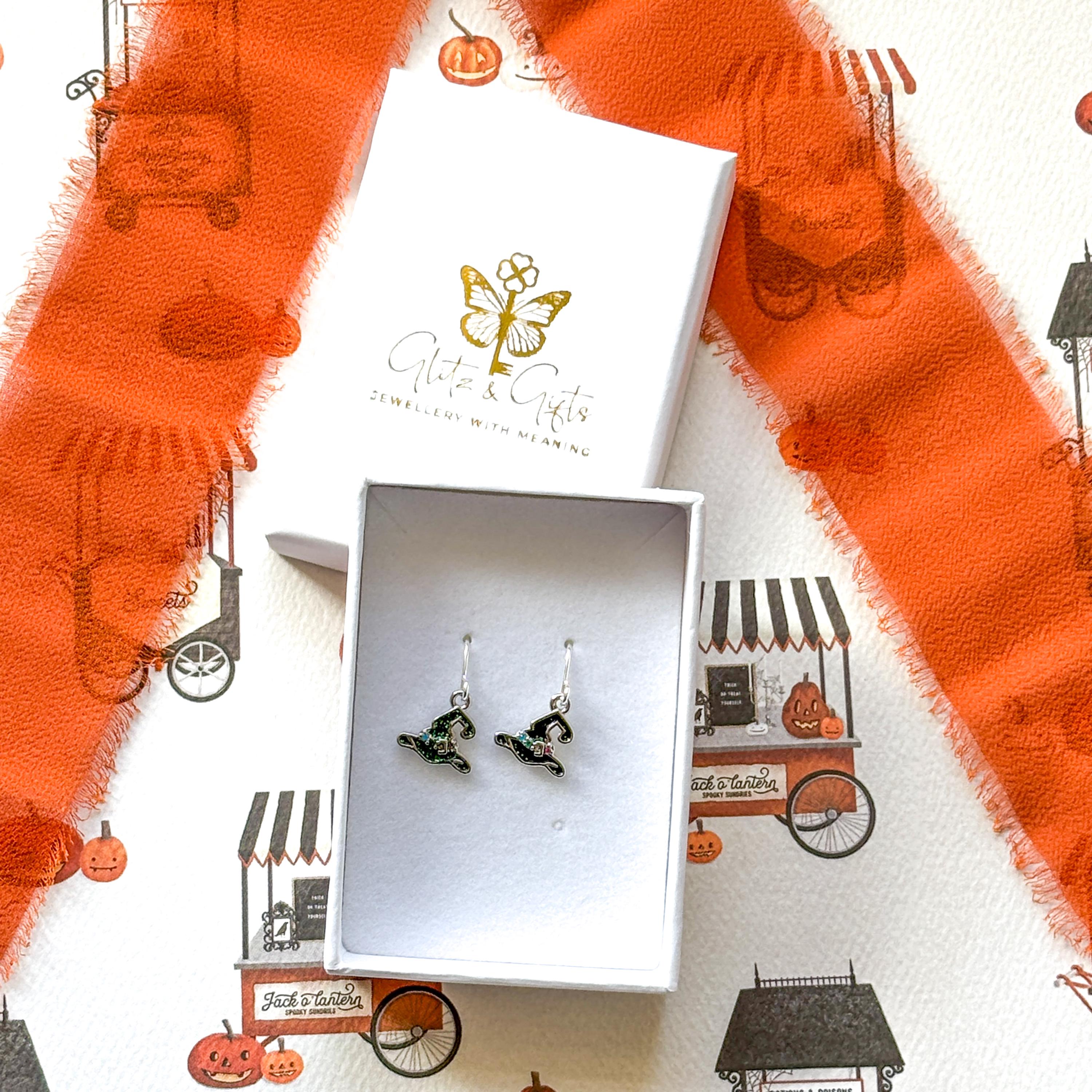 Black Witch Hat Earrings, Glitter Witch Hat Dangles with Multicolour CZ