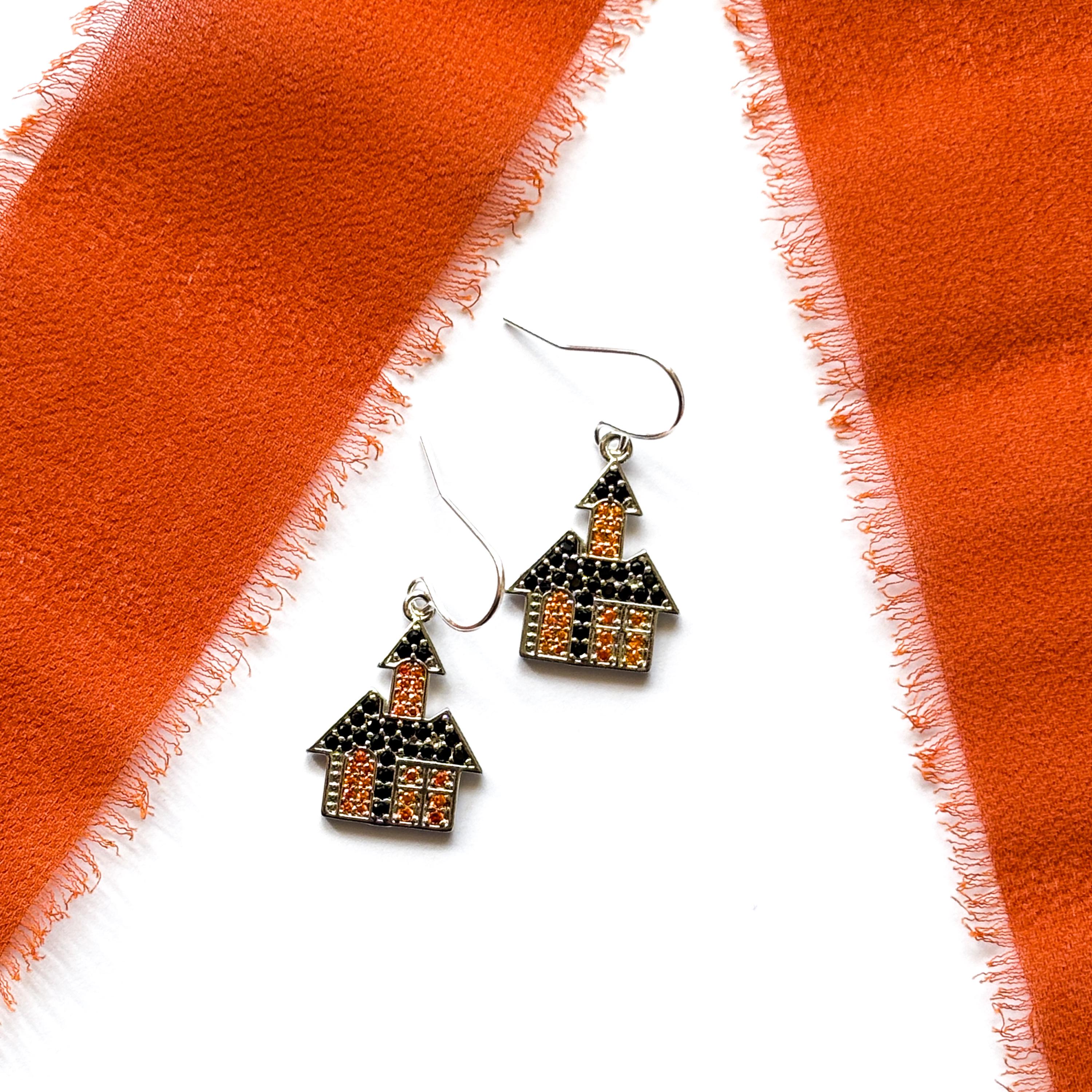 Haunted House Earrings Black and Orange CZ Halloween Dangle Earrings