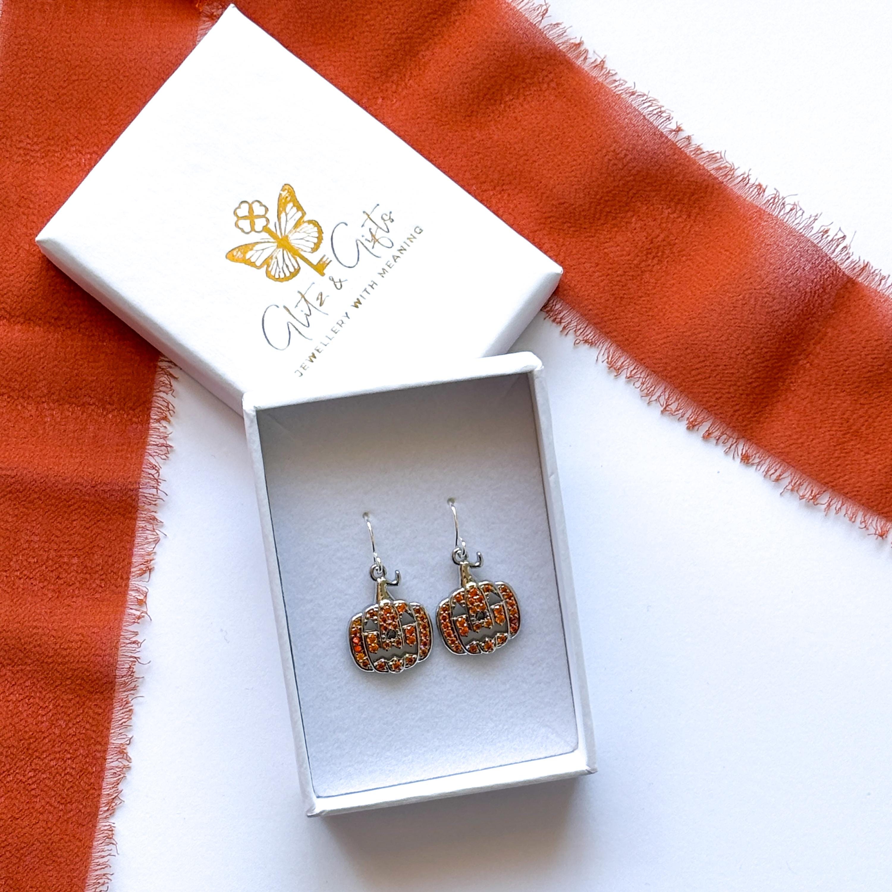 CZ Orange Pumpkin Earrings: Sparkly Halloween Jewellery