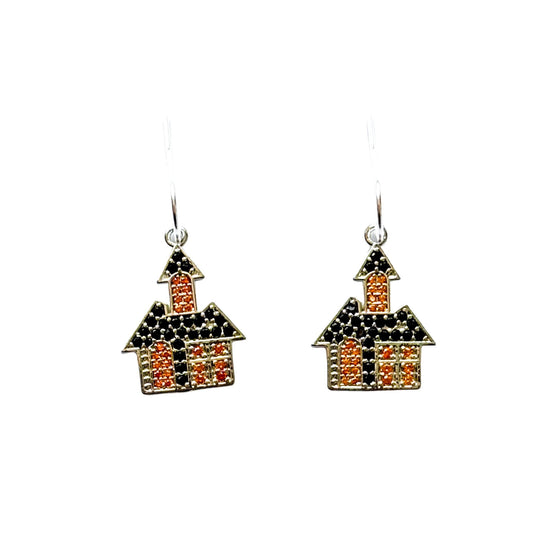 Haunted House Earrings Black and Orange CZ Halloween Dangle Earrings