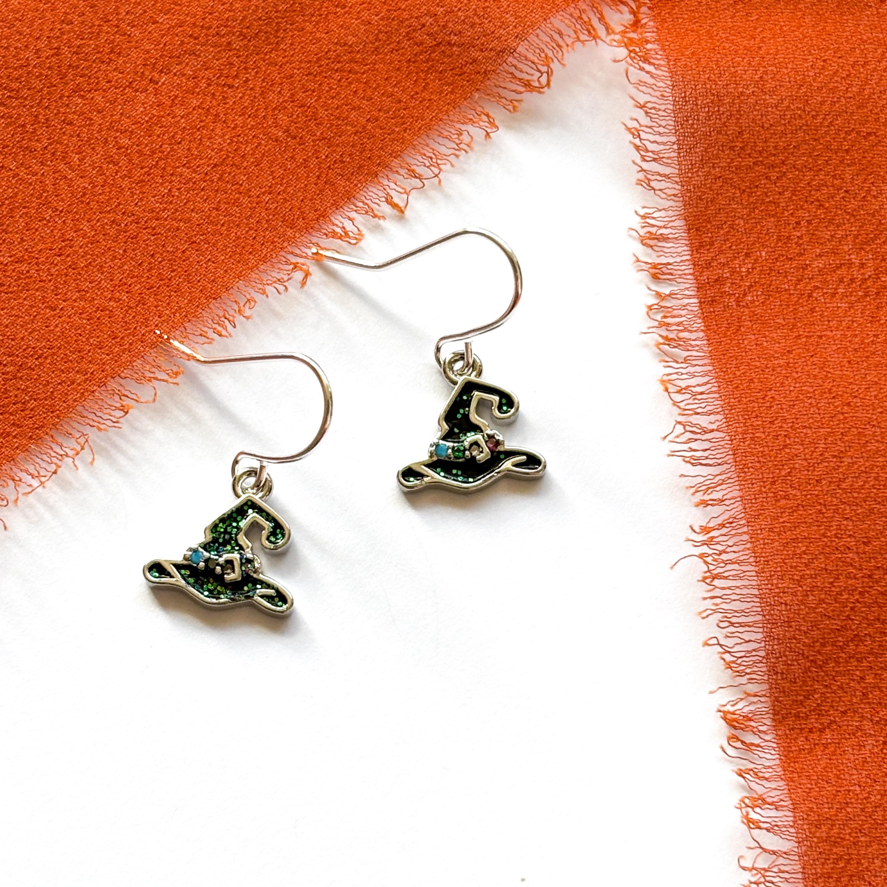 Black Glitter Witch Hat Earrings: CZ Dangles, Sterling Silver Option