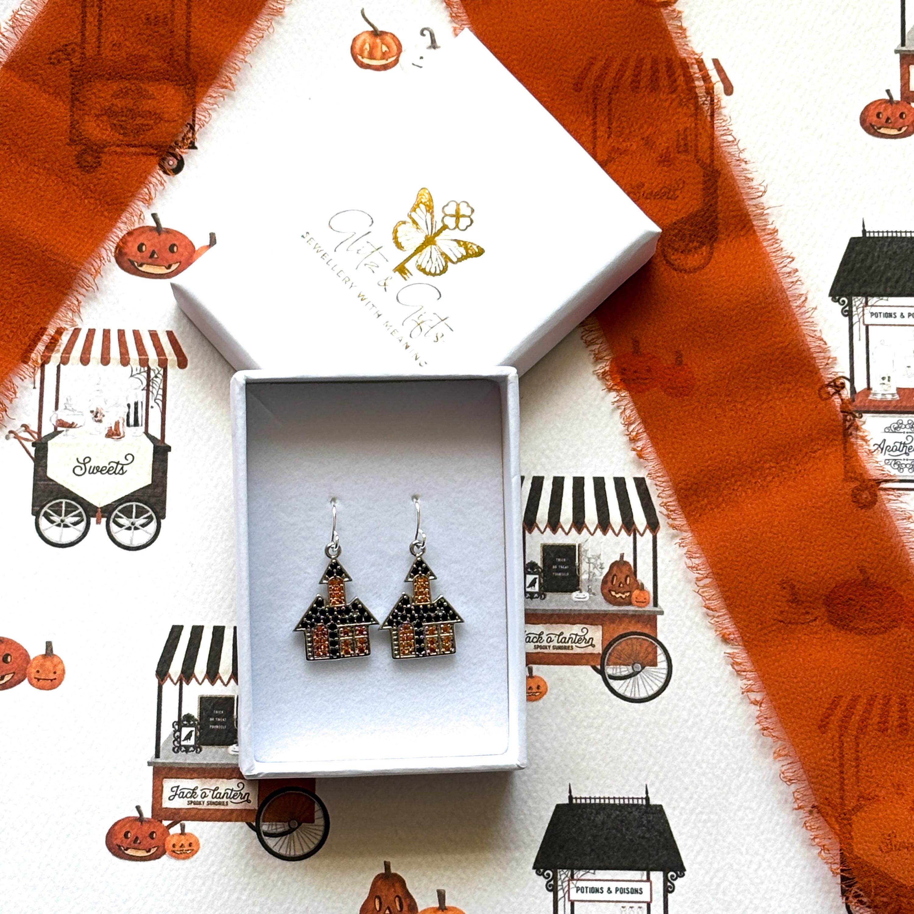 Haunted House Earrings Black and Orange CZ Halloween Dangle Earrings