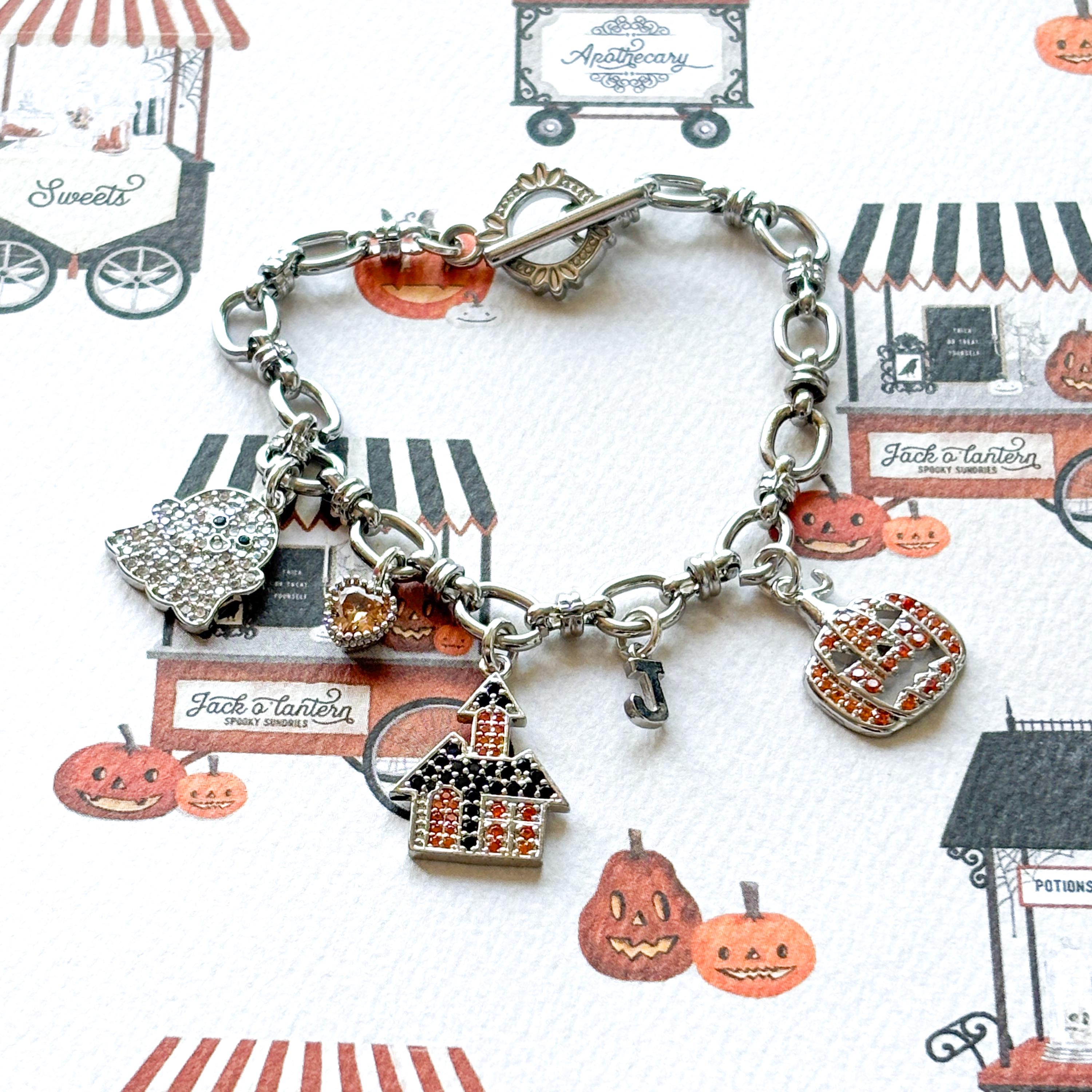 Halloween Charm Bracelet, Ghost Haunted House Pumpkin, Birthstone & Initial, Spooky Personalised Gift, Witchy Jewellery