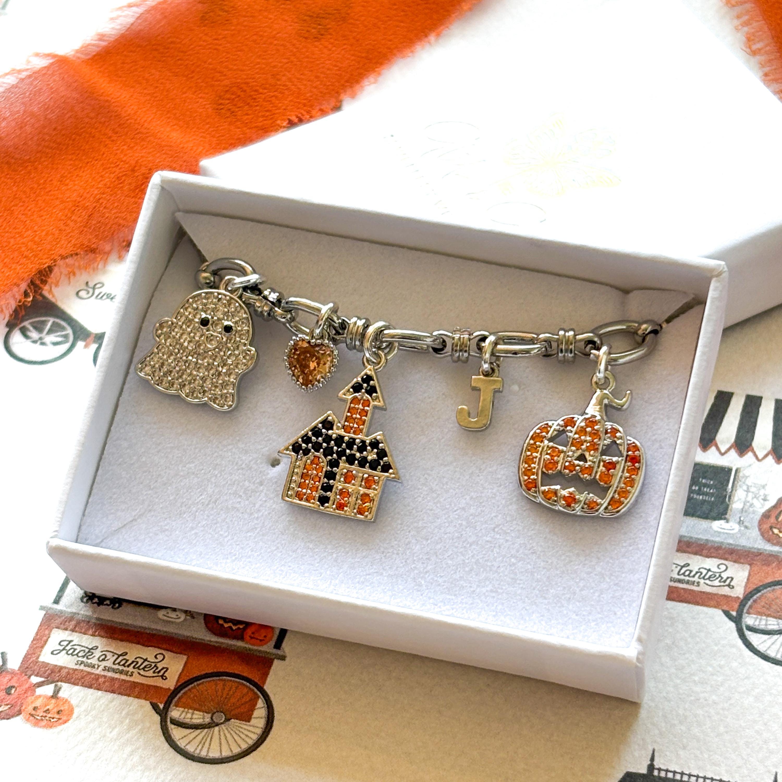 Halloween Charm Bracelet, Ghost Haunted House Pumpkin, Birthstone & Initial, Spooky Personalised Gift, Witchy Jewellery