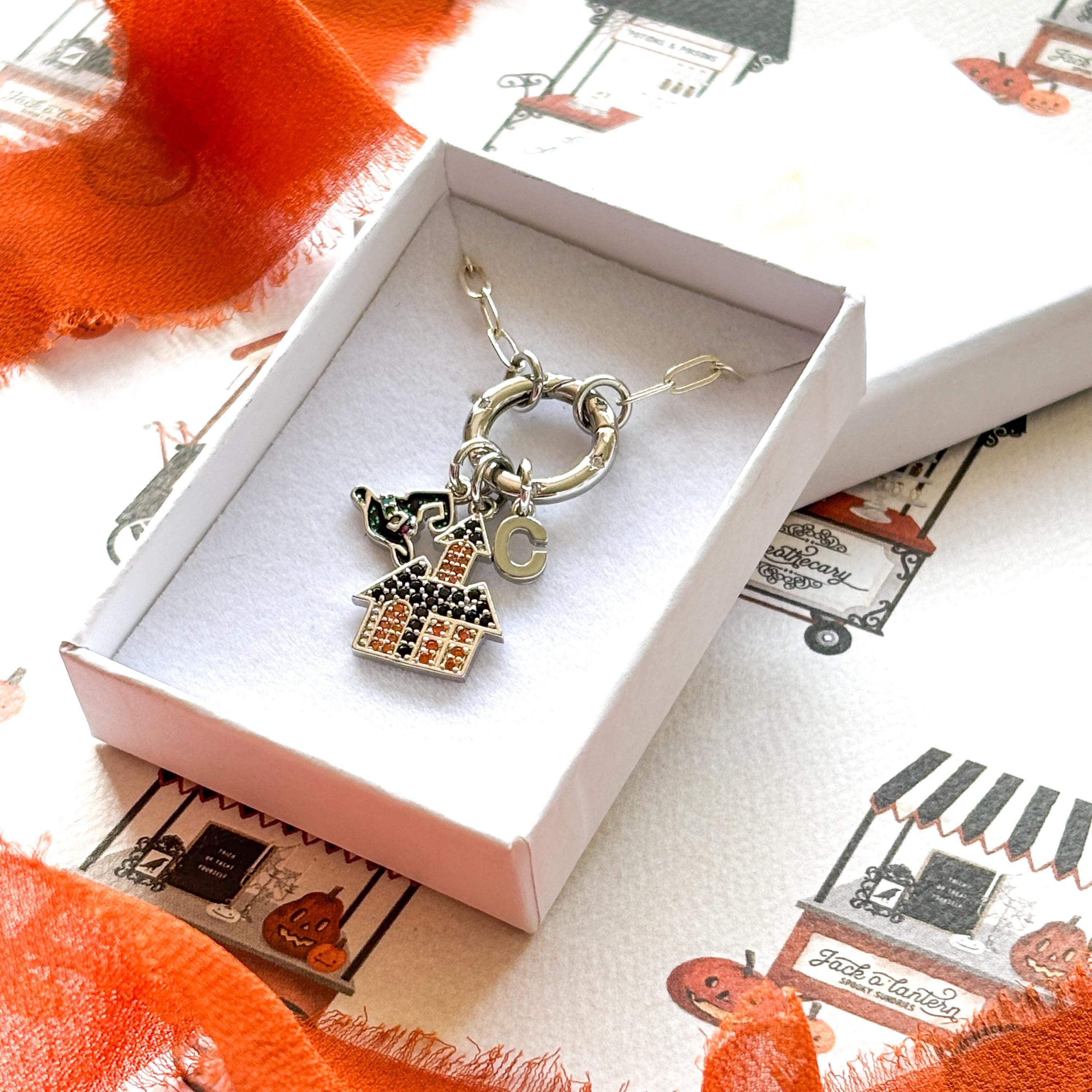 Haunted House Charm Necklace: Witch Hat, Initial, CZ Clasp - Halloween Jewellery