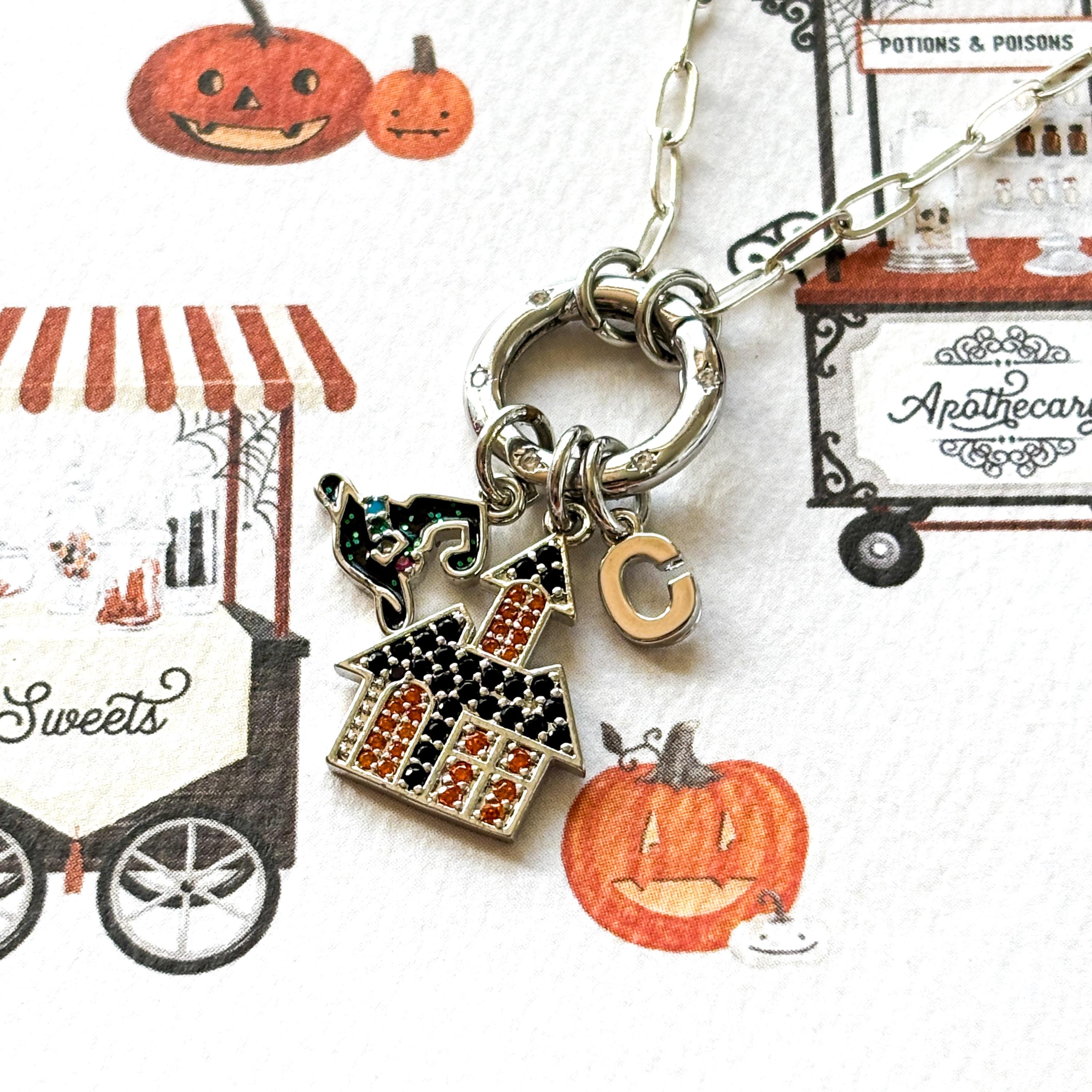 Haunted House Charm Necklace with Witch Hat & Initial, Halloween Paperclip Chain, CZ Clasp, Spooky Gift for Her, Gothic Jewellery
