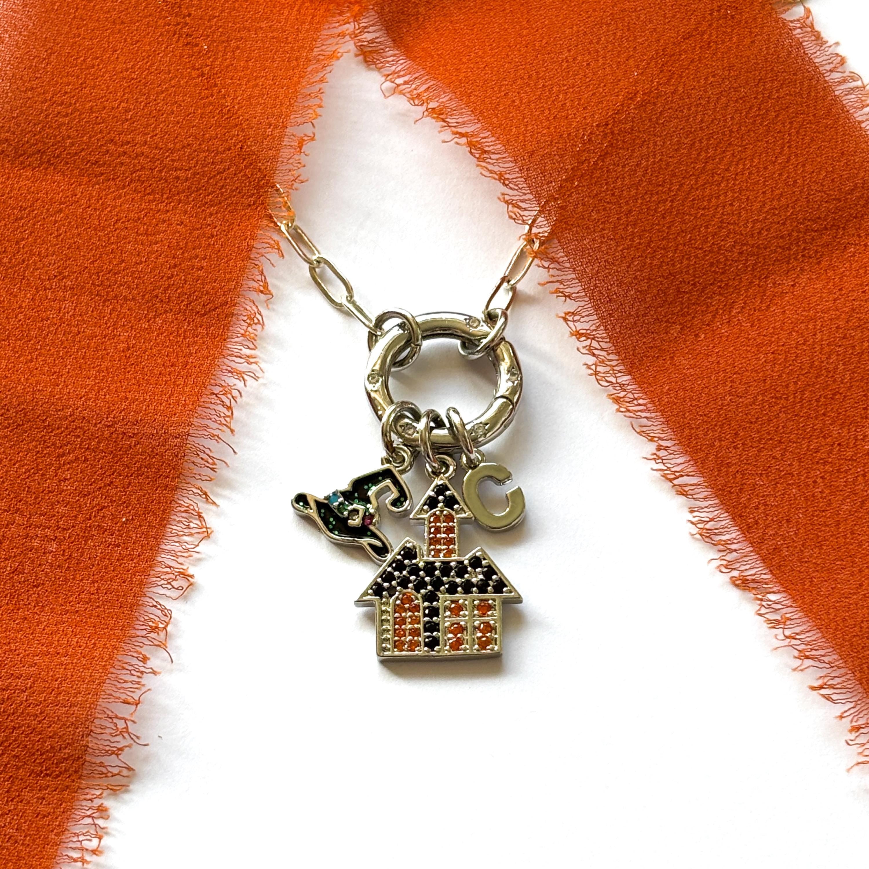 Haunted House Charm Necklace with Witch Hat & Initial, Halloween Paperclip Chain, CZ Clasp, Spooky Gift for Her, Gothic Jewellery