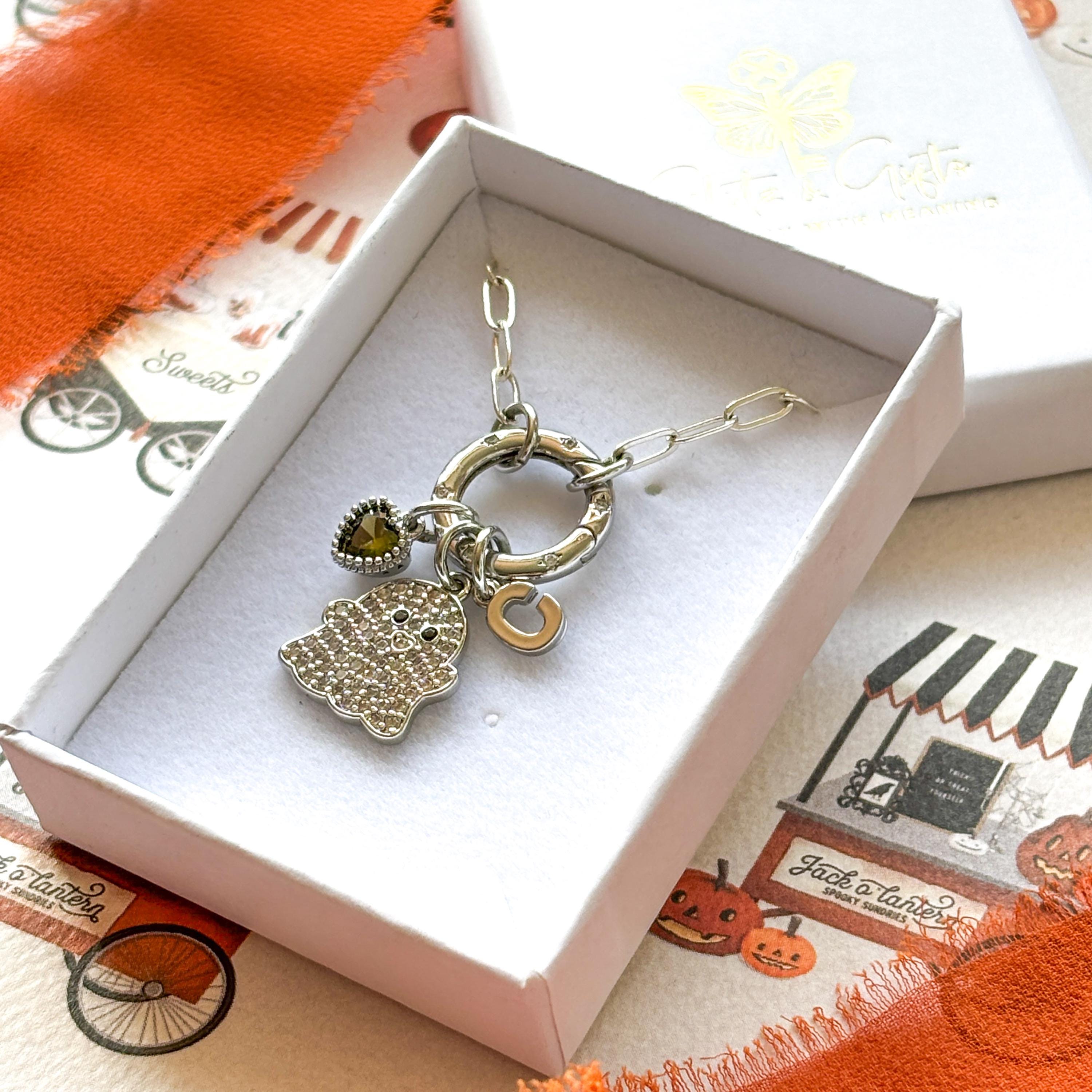 Personalised Crystal Ghost Necklace: Birthstone Initial Paperclip Chain