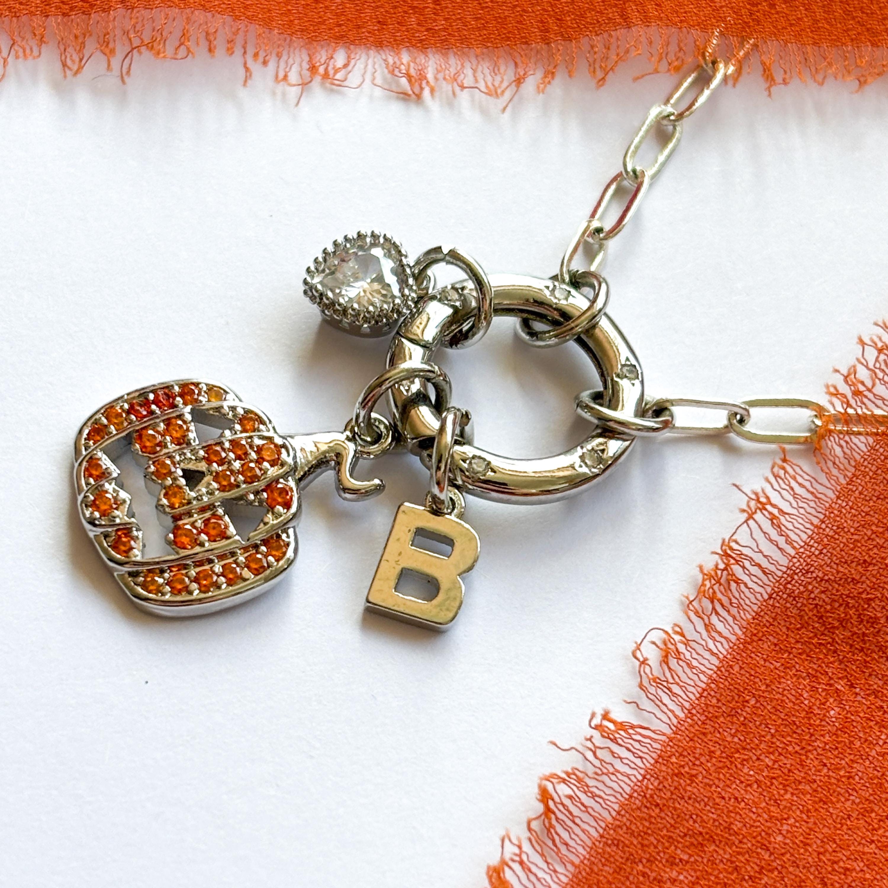 Pumpkin Charm Necklace with Birthstone & Initial, Halloween Personalised Jewellery, Paperclip Chain Necklace, Spooky Gift for Her