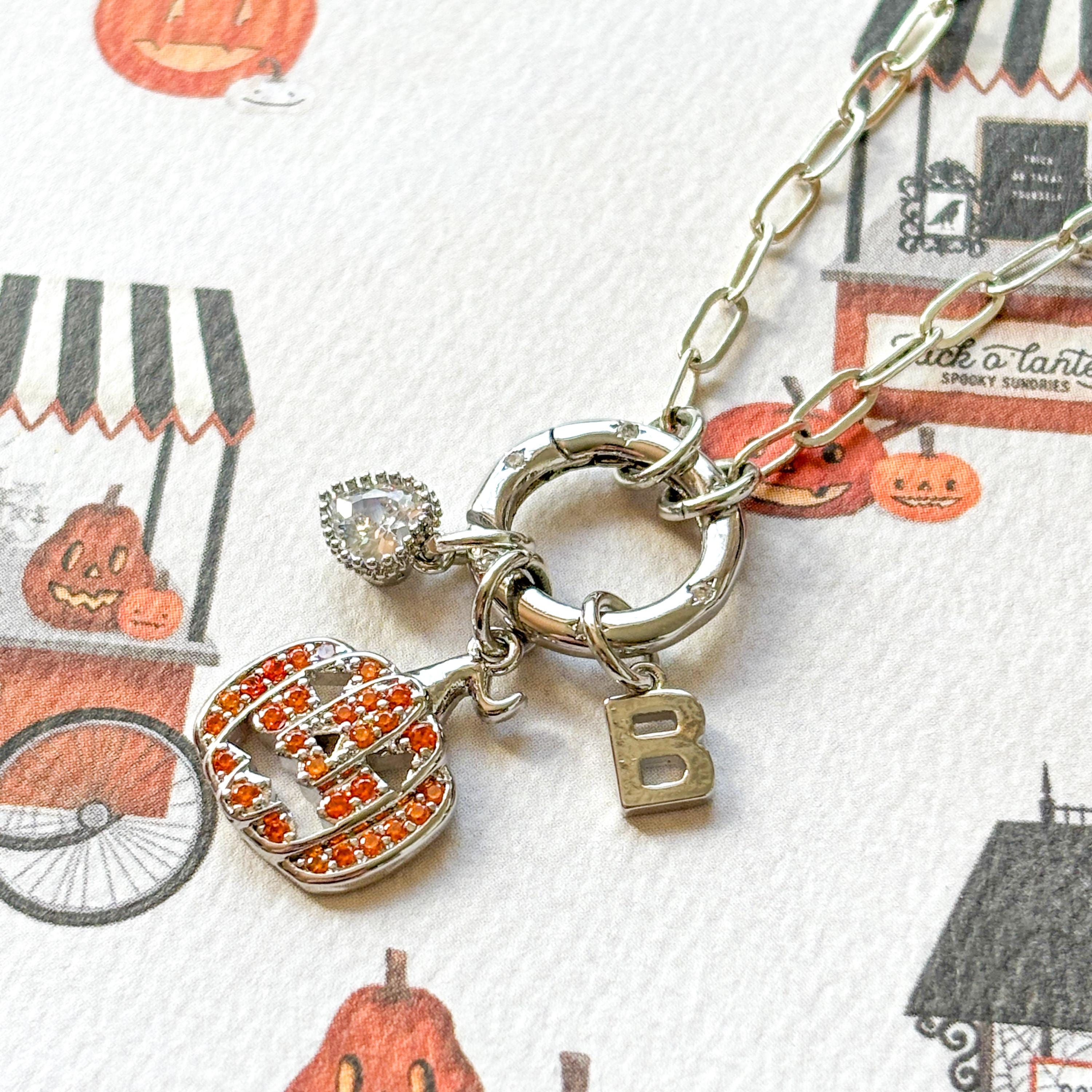 Personalised Pumpkin Necklace: Birthstone Initial, Paperclip Chain
