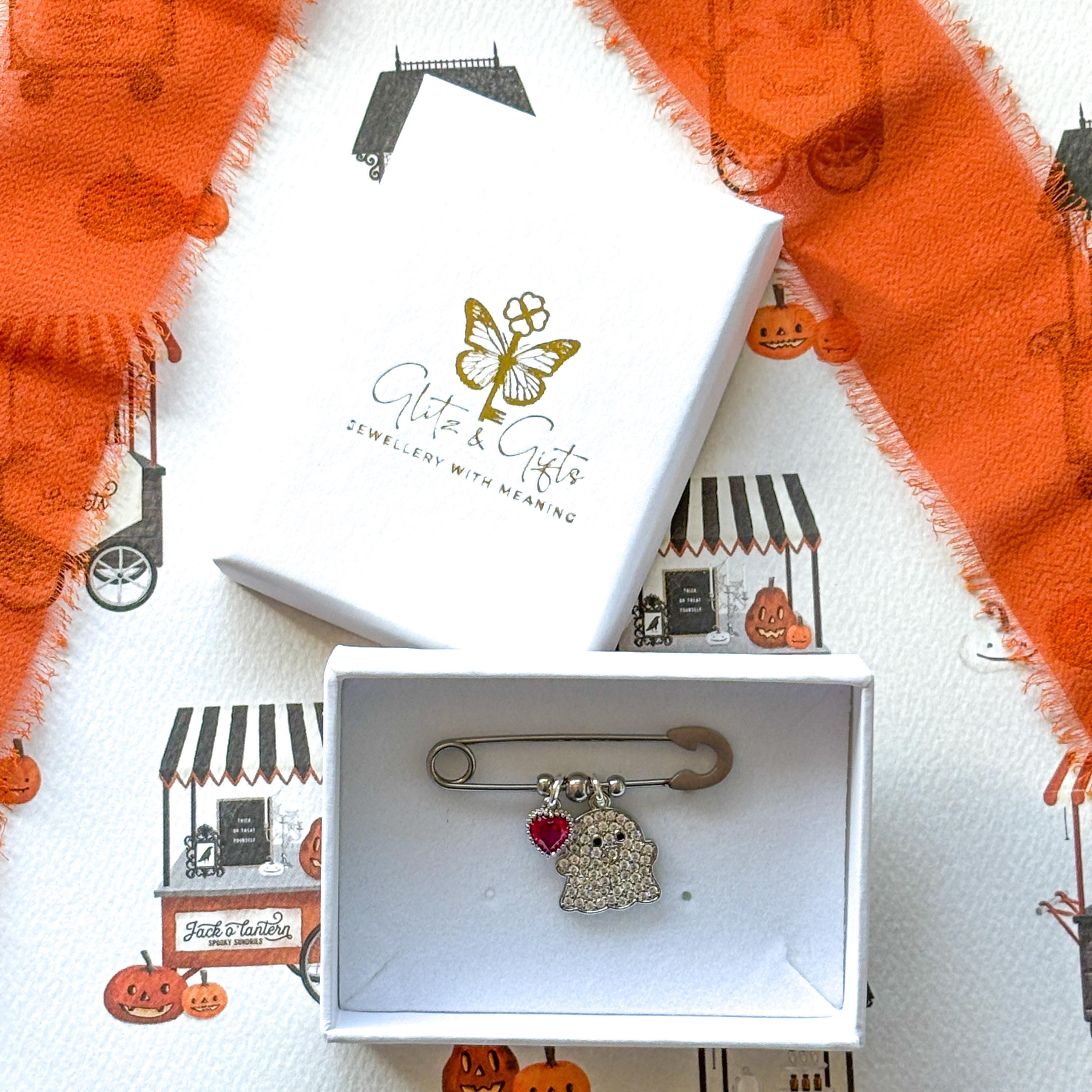 Personalised Ghost Brooch: Halloween Pin with Birthstone Charm