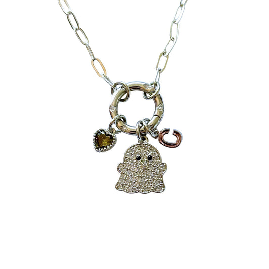Ghost Charm Necklace with Birthstone & Initial, Personalised Halloween Jewellery, CZ Spring Clasp, Paperclip Chain Gift for Her