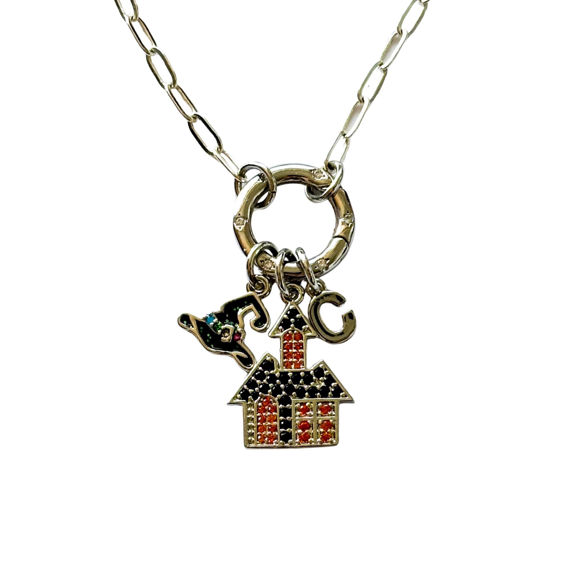 Haunted House Charm Necklace with Witch Hat & Initial, Halloween Paperclip Chain, CZ Clasp, Spooky Gift for Her, Gothic Jewellery