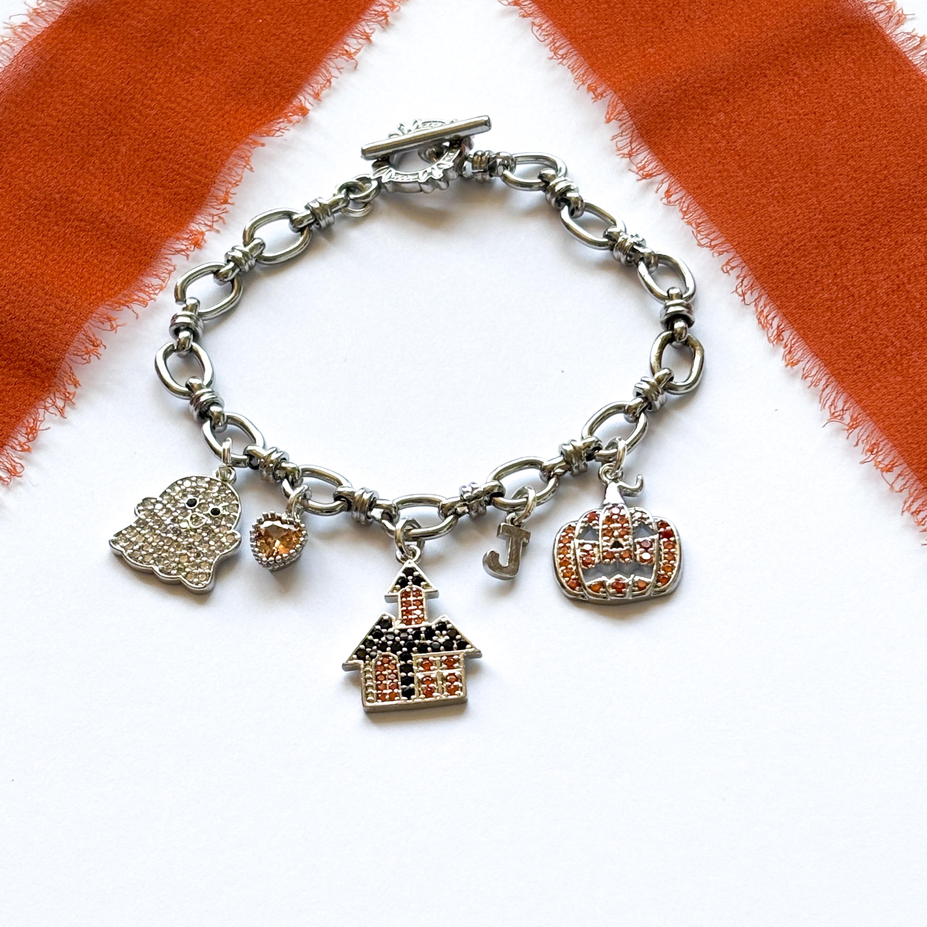 Halloween Charm Bracelet, Ghost Haunted House Pumpkin, Birthstone & Initial, Spooky Personalised Gift, Witchy Jewellery