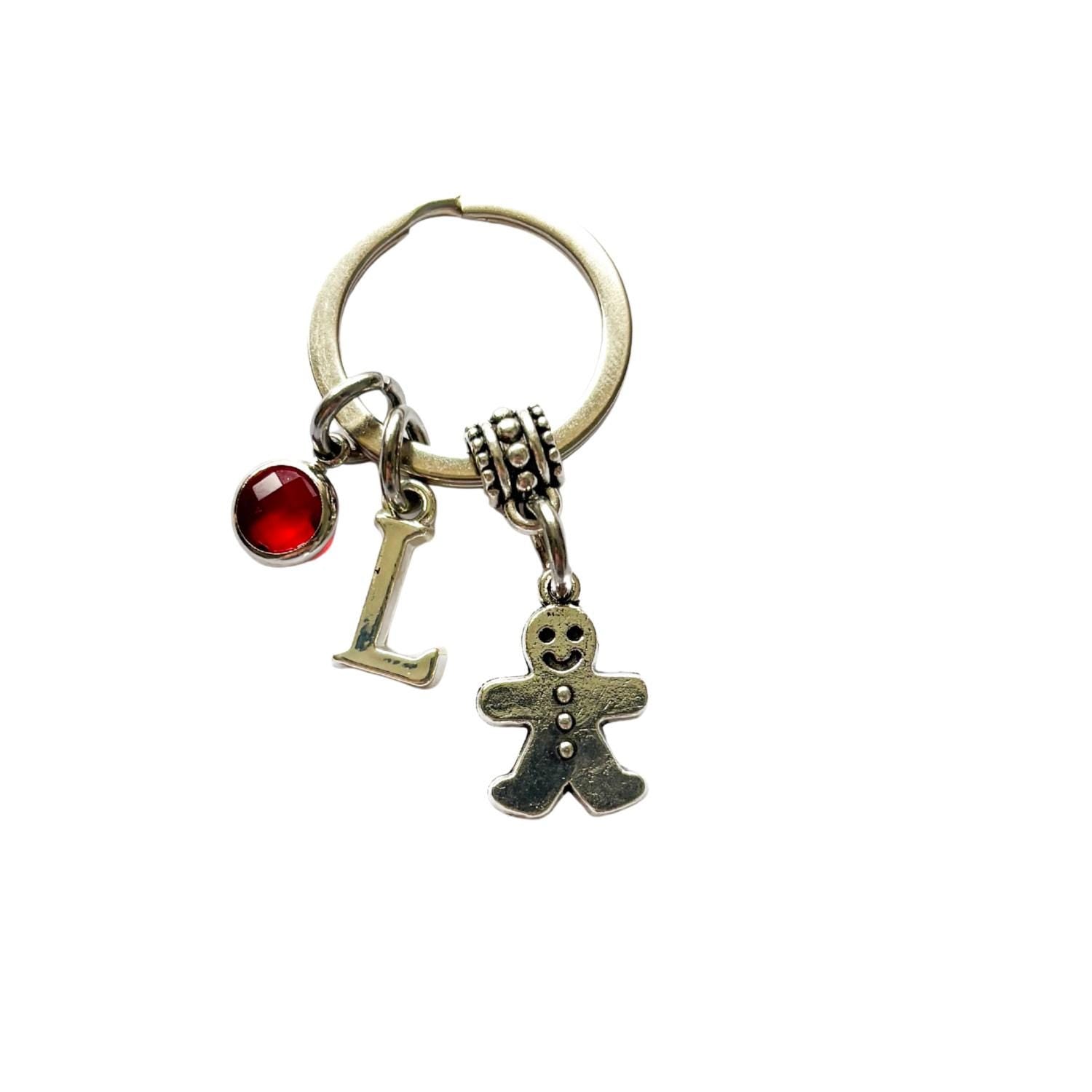 Personalised Gingerbread Keyring – Custom Birthstone & Initial Charm, Christmas Gift for Her, Cute Gingerbread Man Keychain, Stocking Filler