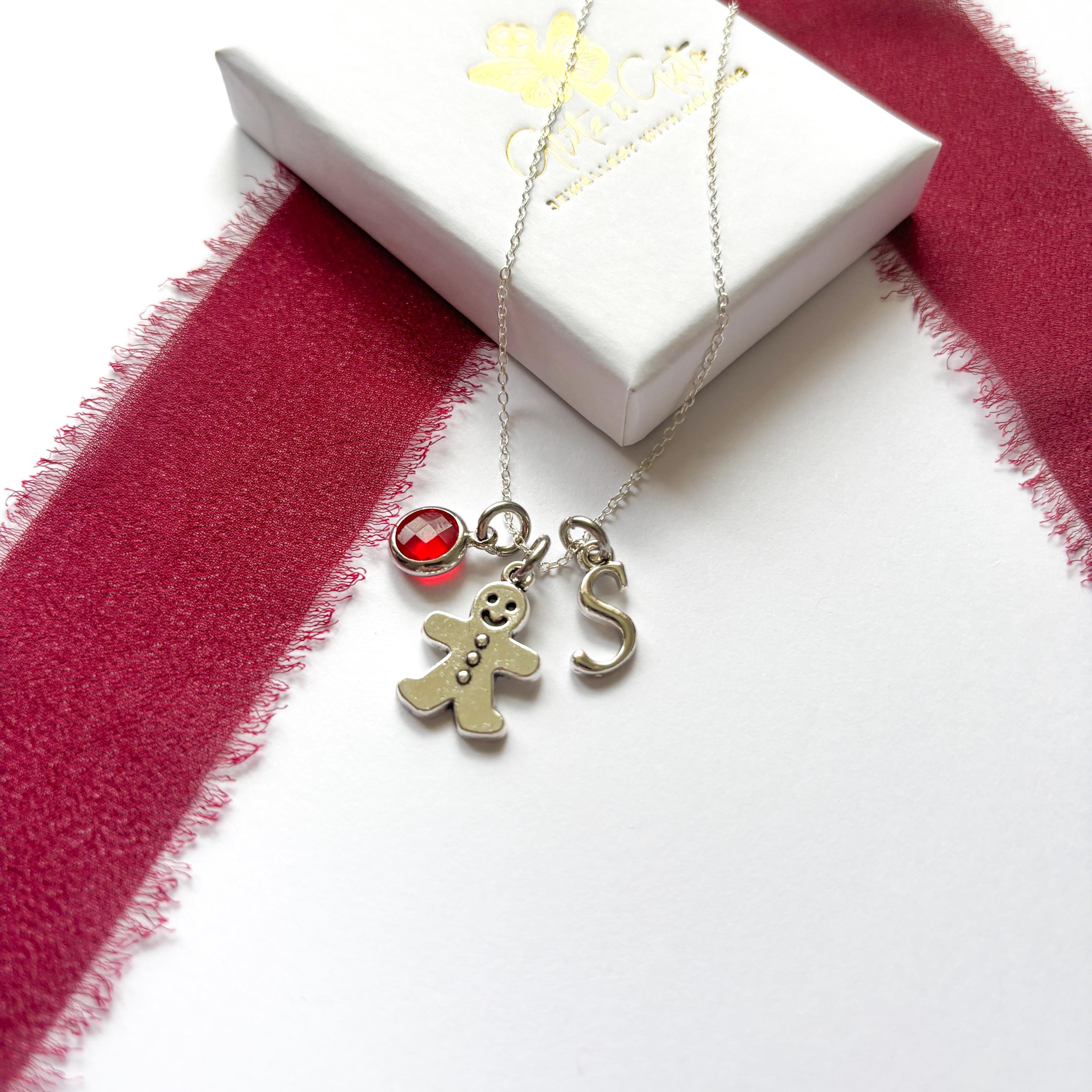 Personalised Gingerbread Man Necklace – Custom Birthstone & Initial Charm – Christmas Jewellery Gift for Her, Festive Stocking Filler