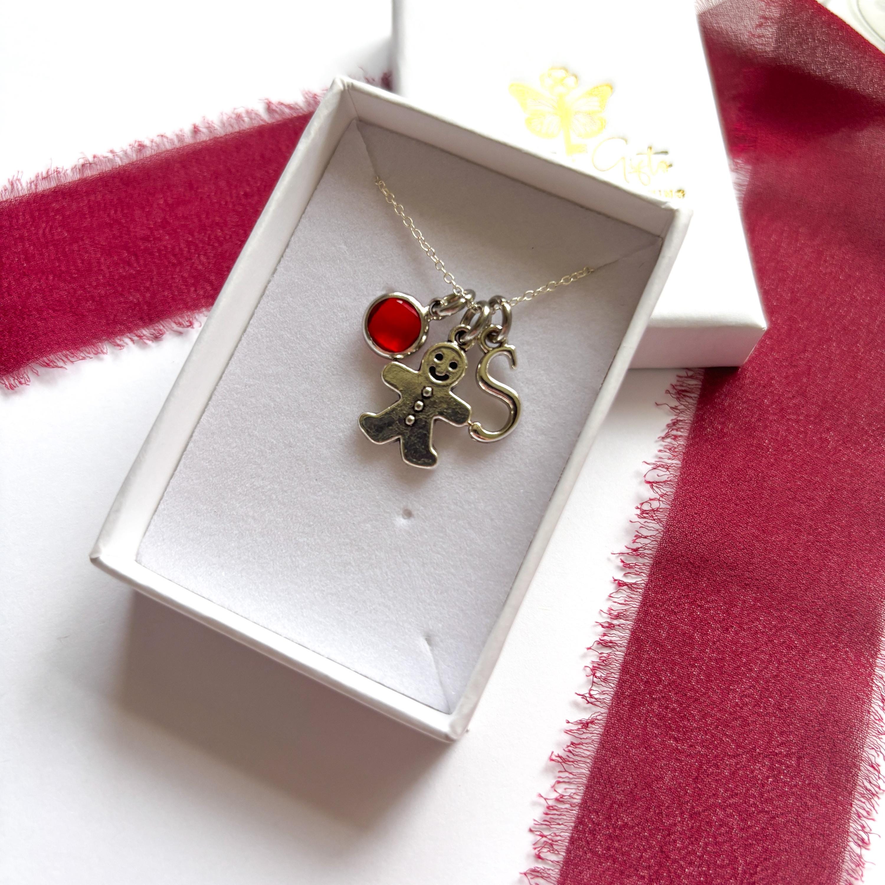 Personalised Gingerbread Man Necklace – Custom Birthstone & Initial Charm – Christmas Jewellery Gift for Her, Festive Stocking Filler