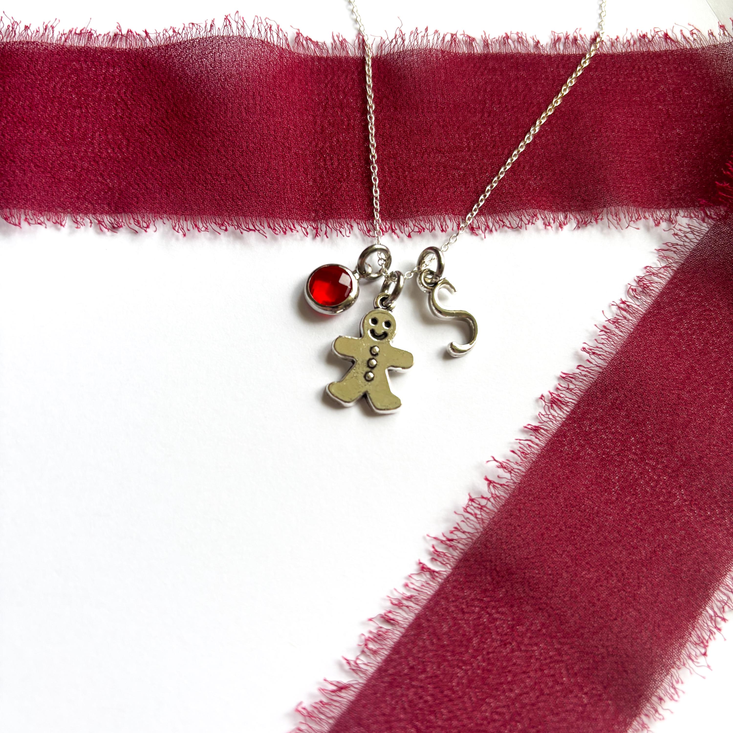 Personalised Gingerbread Man Necklace – Custom Birthstone & Initial Charm – Christmas Jewellery Gift for Her, Festive Stocking Filler