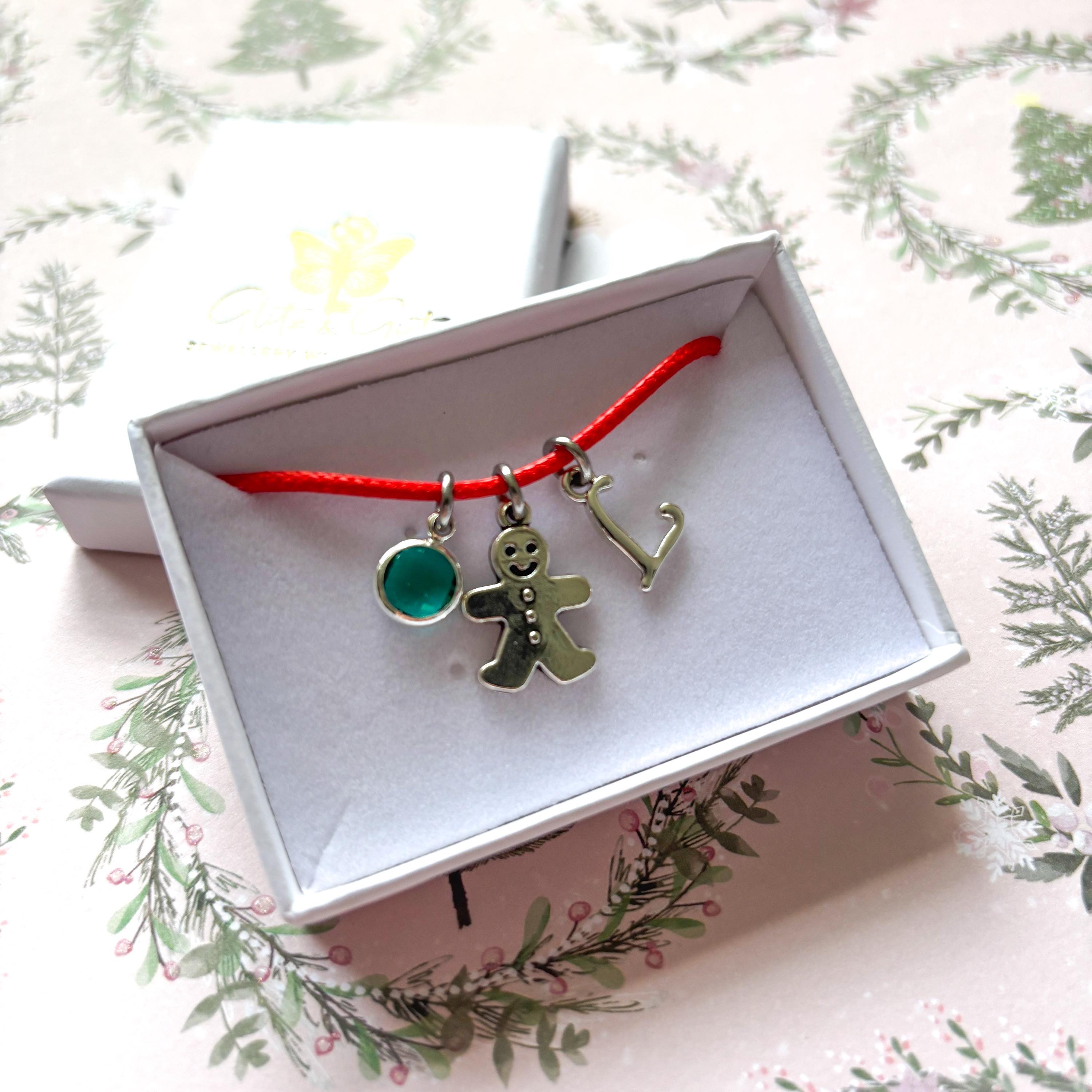 Personalised Gingerbread Man Cord Bracelet – Custom Birthstone & Initial Charm Gift – Christmas Jewellery for Her