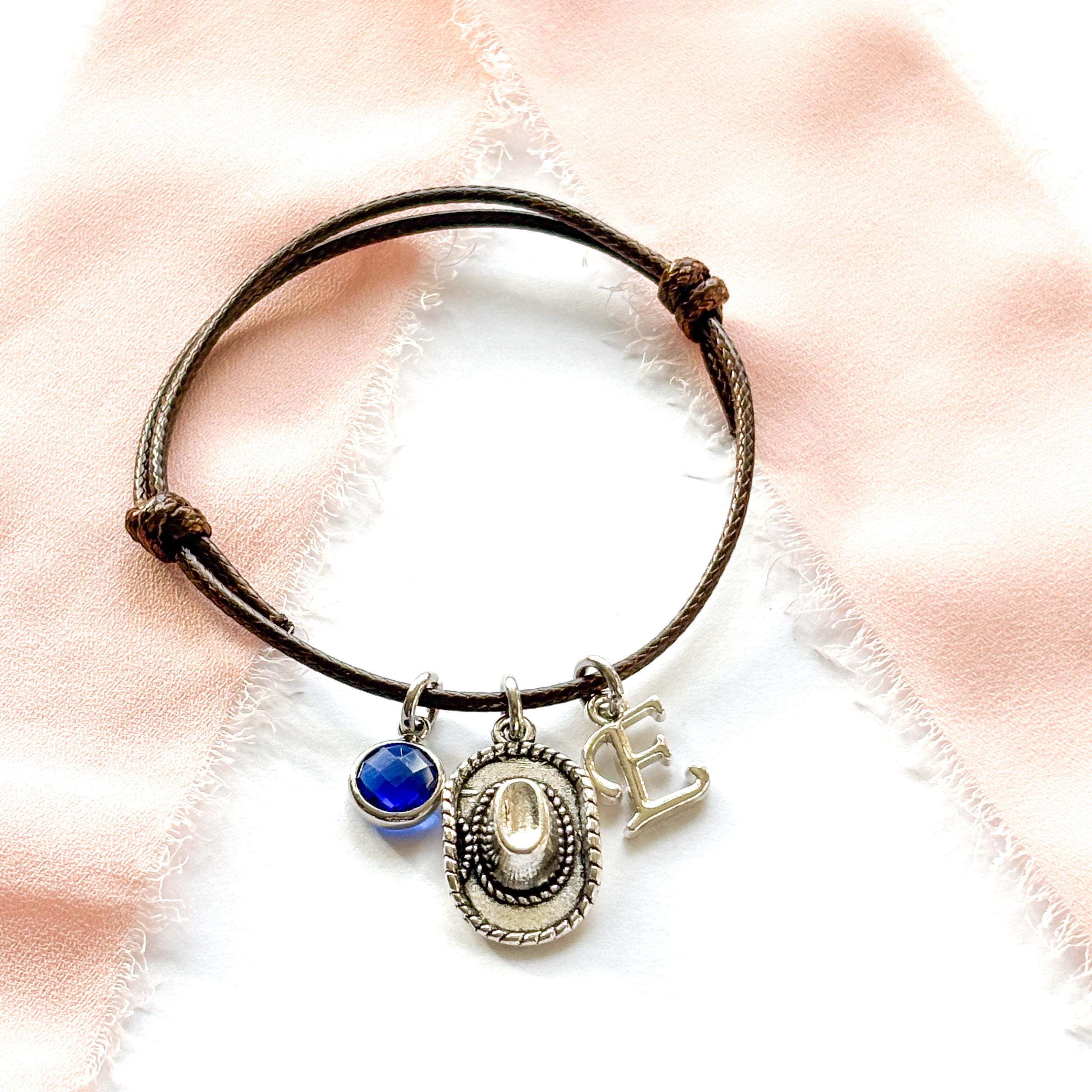 Cowboy Hat Bracelet – Personalised Waxed Cord Jewellery with Birthstone & Letter, Cowgirl Gift