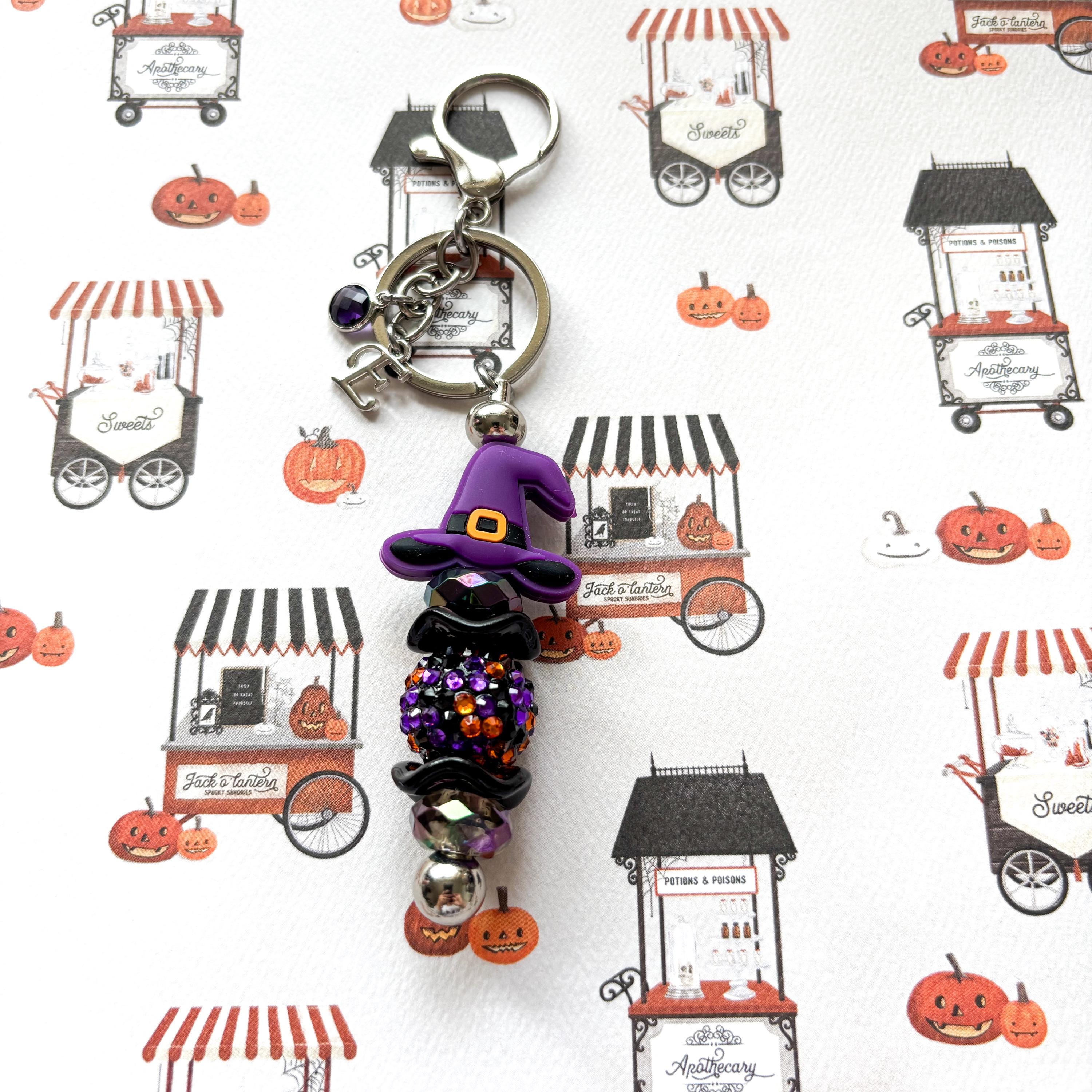 Personalised Halloween Keyring, Beaded Pumpkin, Ghost & Witch, Birthstone and Letter Charm, Spooky Gift UK