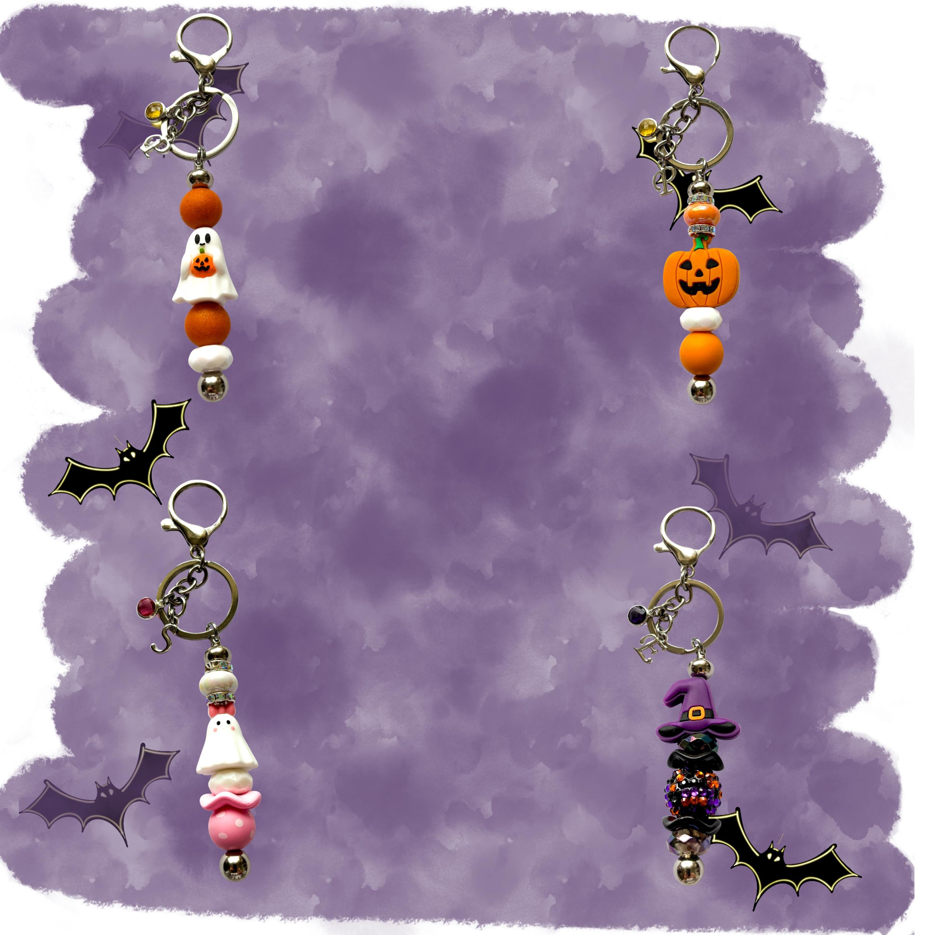 Personalised Halloween Keyring, Beaded Pumpkin, Ghost & Witch, Birthstone and Letter Charm, Spooky Gift UK